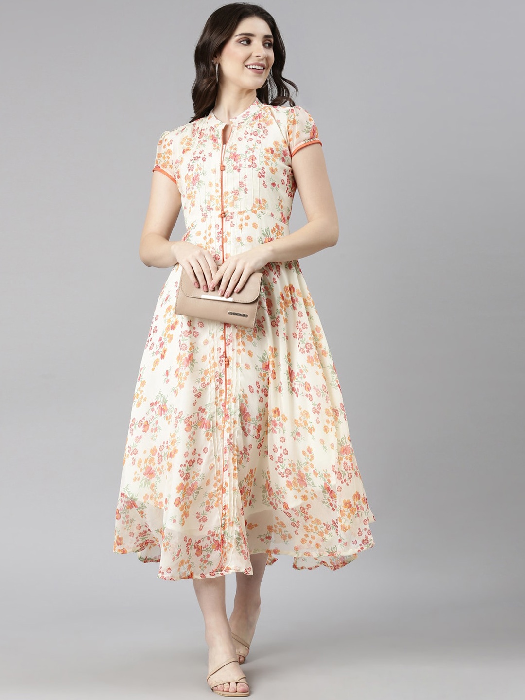 

Souchii Floral Printed Mandarin Collar Chiffon Fit and Flare Midi Ethnic Dress, Cream