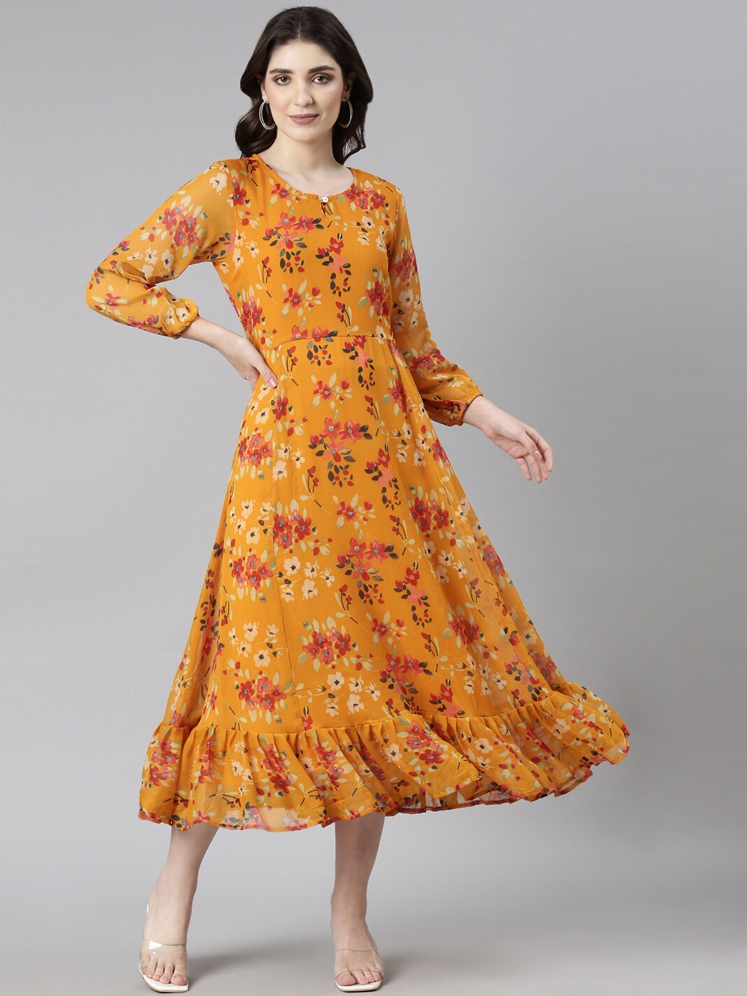 

Souchii Floral Printed Chiffon Fit and Flare Midi Ethnic Dress, Mustard