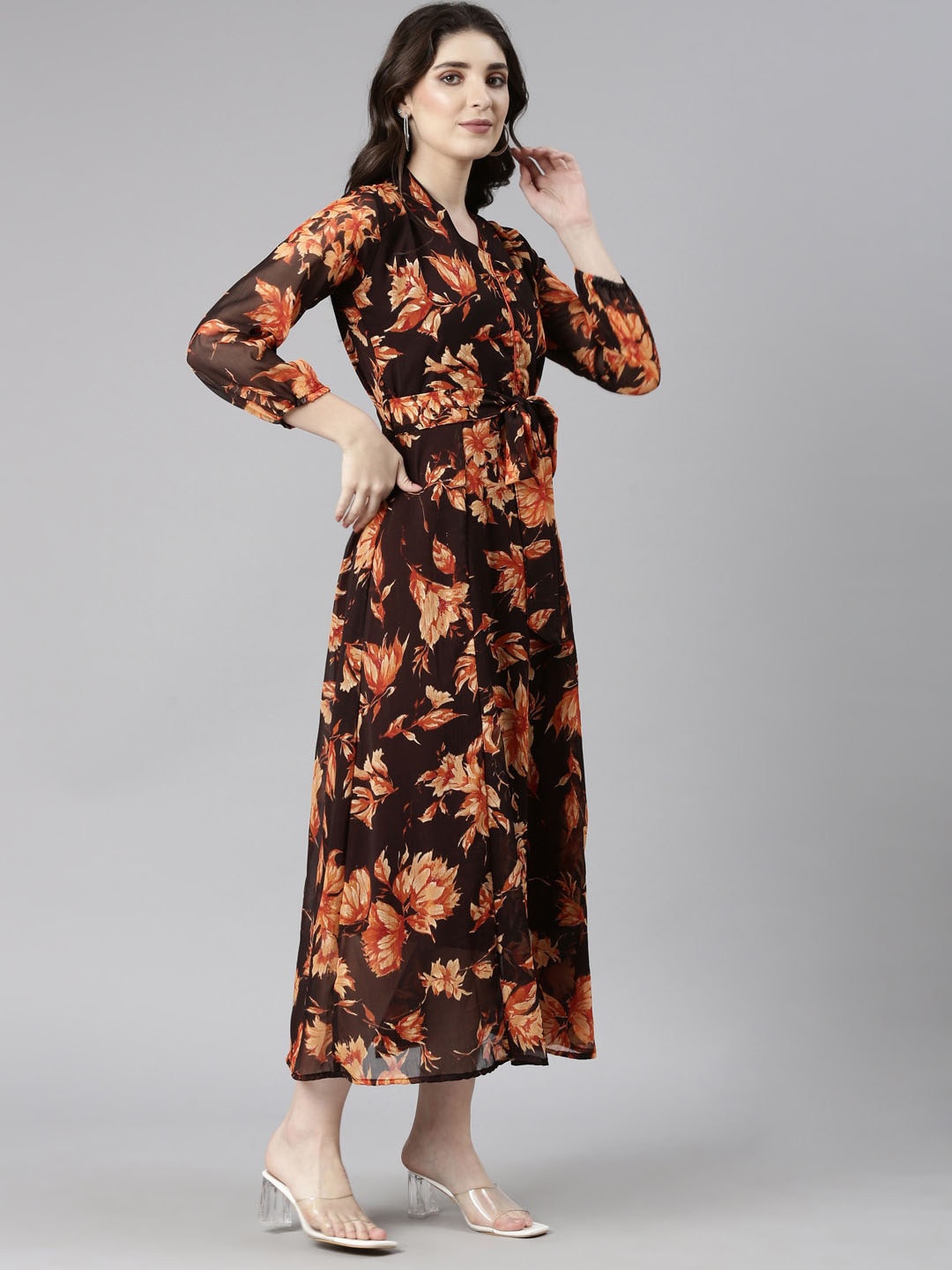

Souchii Floral Printed V-Neck Chiffon Fit and Flare Midi Ethnic Dress, Brown