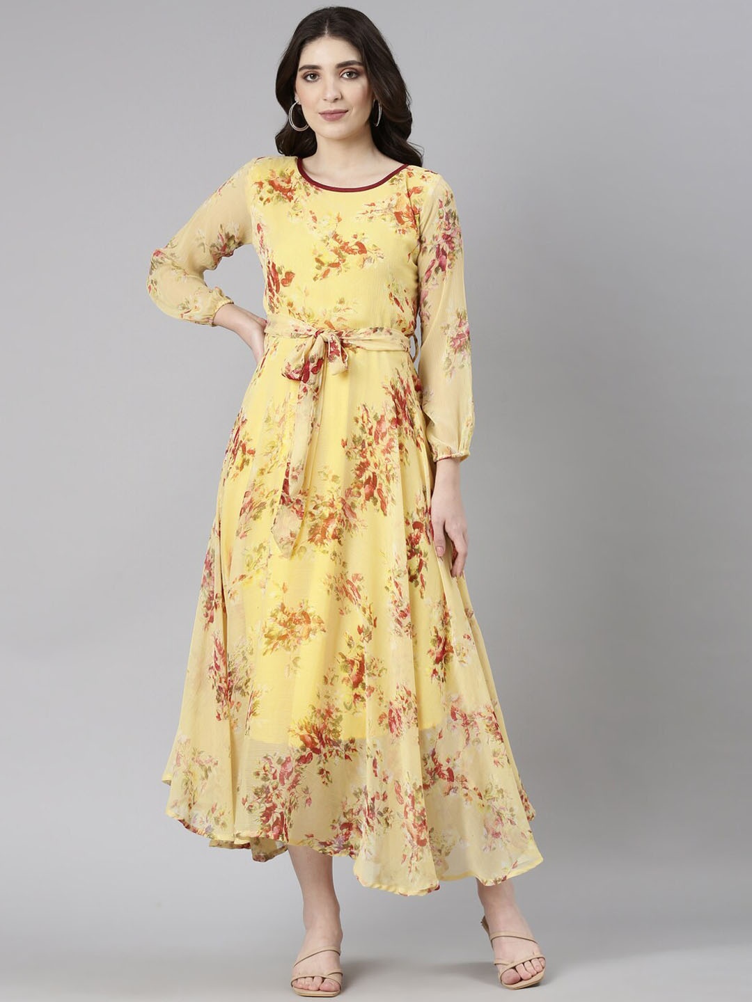 

Souchii Floral Printed Cuffed Sleeves Chiffon Fit and Flare Midi Ethnic Dress, Yellow