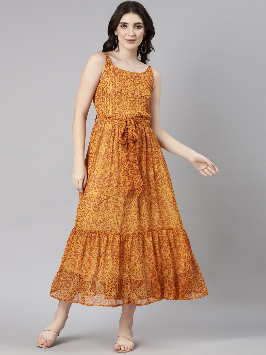 

Souchii Floral Printed Sleeveless Chiffon Fit and Flare Midi Ethnic Dress, Mustard