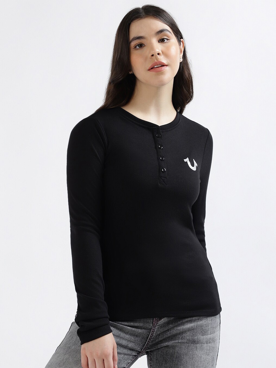 True Religion Brand Logo Printed Henley Neck T-shirt, Black