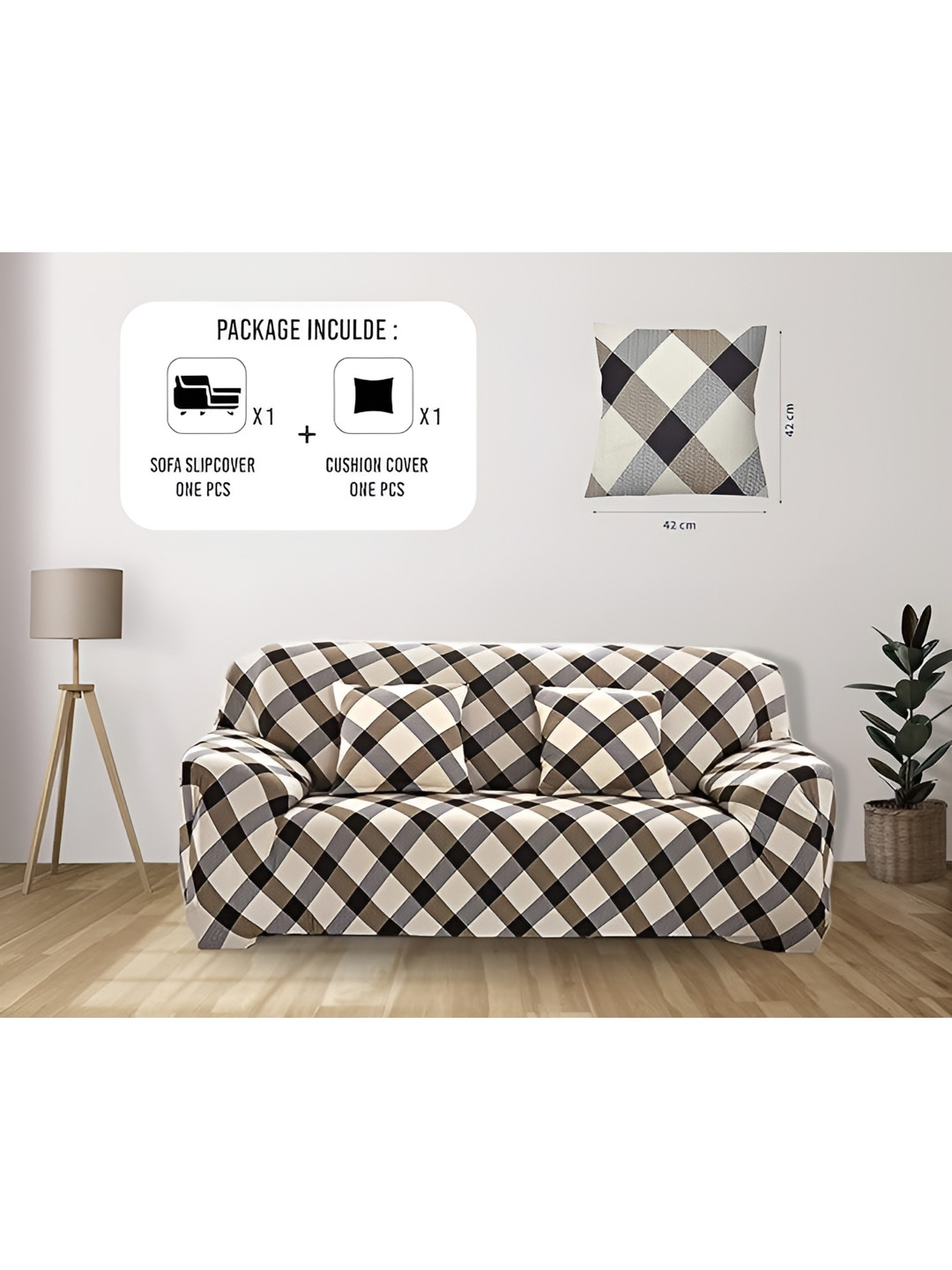 

TONY STARK Brown & White Checked Stretchy Sofa Cover With Arms