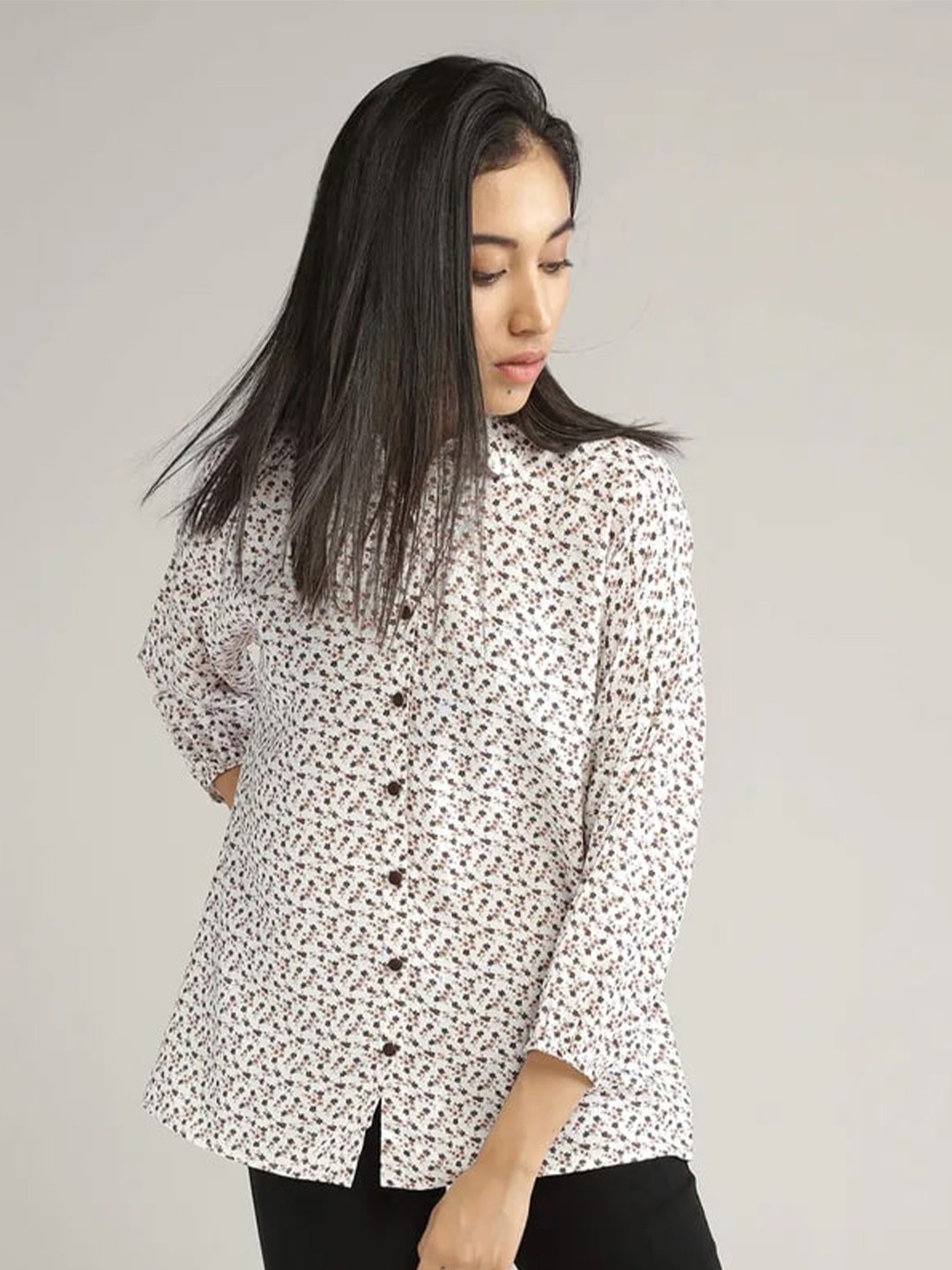 IDK Floral Printed Puff Sleeves Shirt Style Top, White