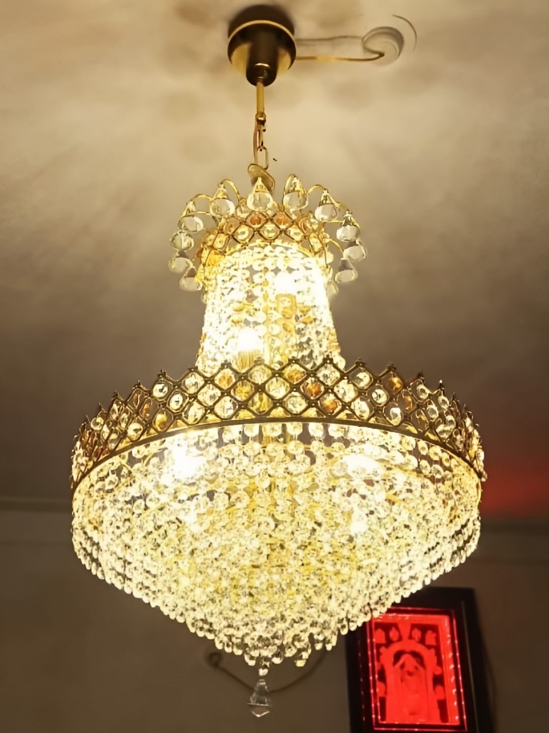 

SHRI MAHAL ANTIQUES Gold Toned Metal Textured Crystal Hanging Ceiling Lamp