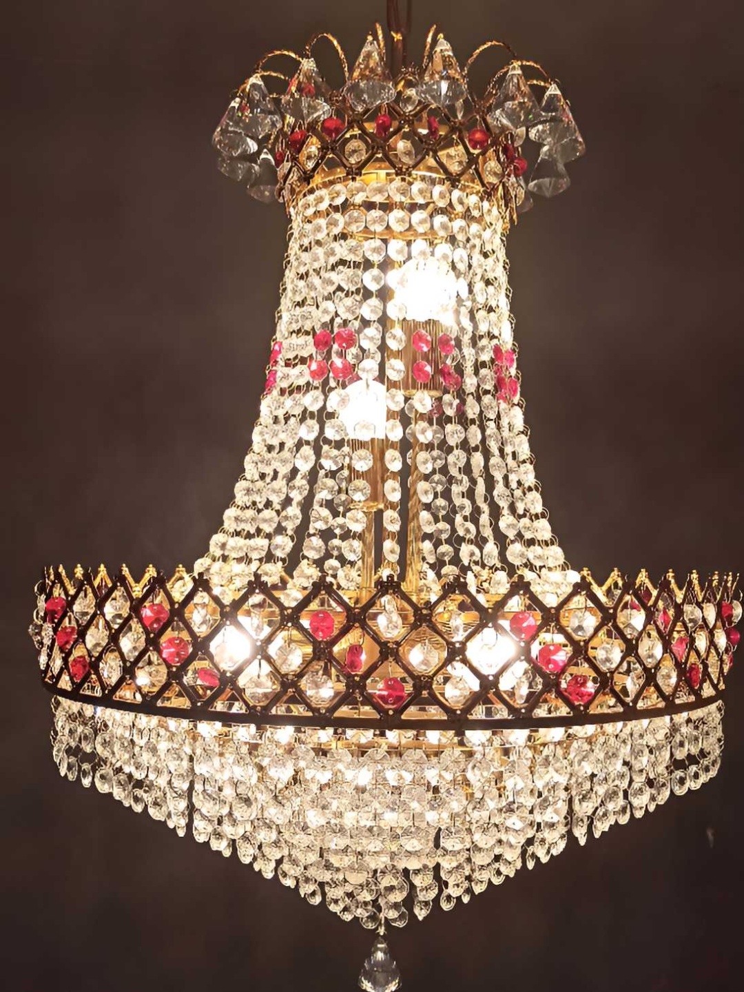 

SHRI MAHAL ANTIQUES Gold Toned Metal Textured Crystal Chandelier Ceiling Lamp