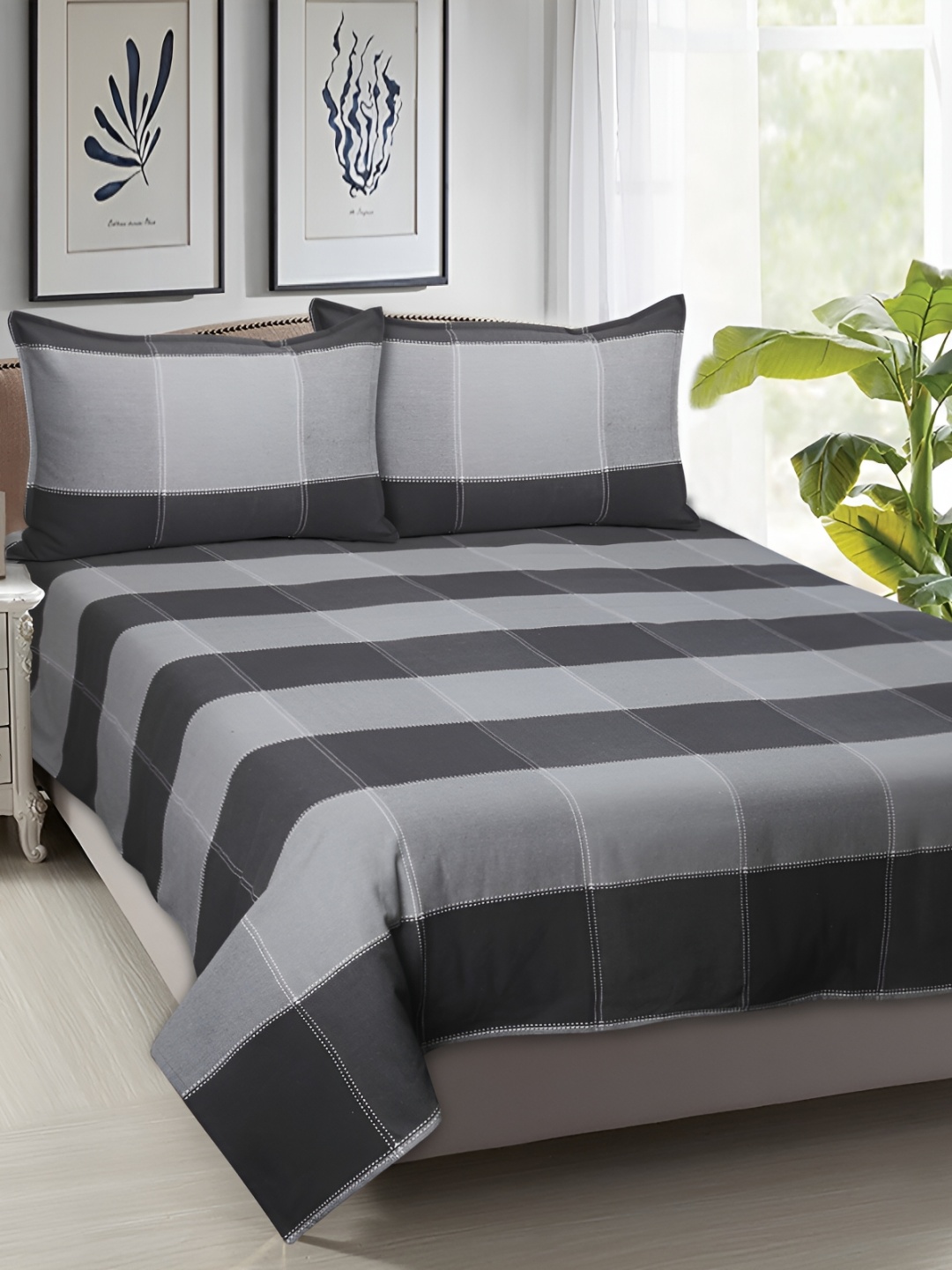 

Airwill Grey Striped Cotton 104 TC Queen Bedsheet with 2 Pillow Covers