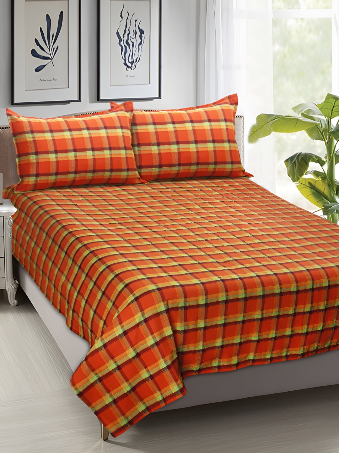 

Airwill Orange & Green Striped Cotton 104 TC Queen Bedsheet with 2 Pillow Covers