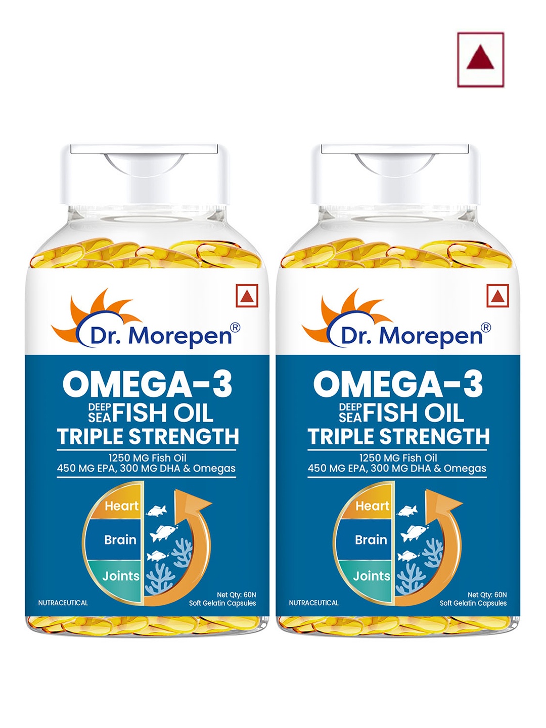 

Dr. Morepen Set of 2 Omega 3 Deep Sea Fish Oil Triple Strength 1250mg - 60 Capsules Each, Blue