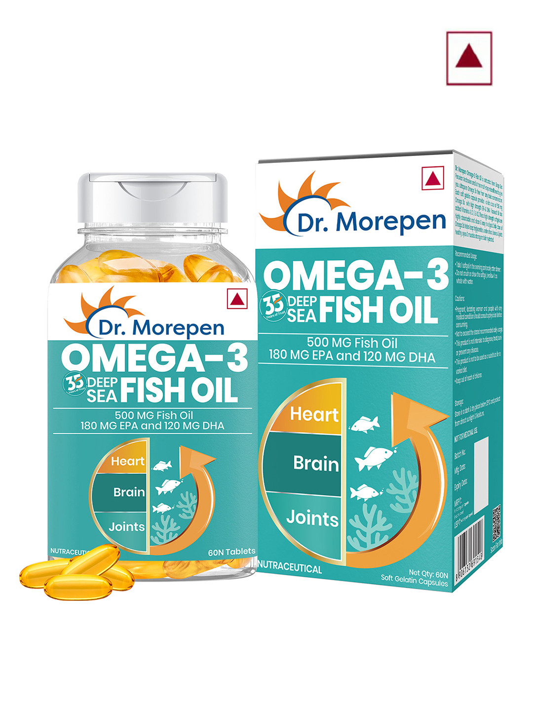 

Dr. Morepen Omega 3 Deep Sea Fish Oil for Healthy Heart, Brain & Joints 500mg - 60 Softgels, Turquoise blue