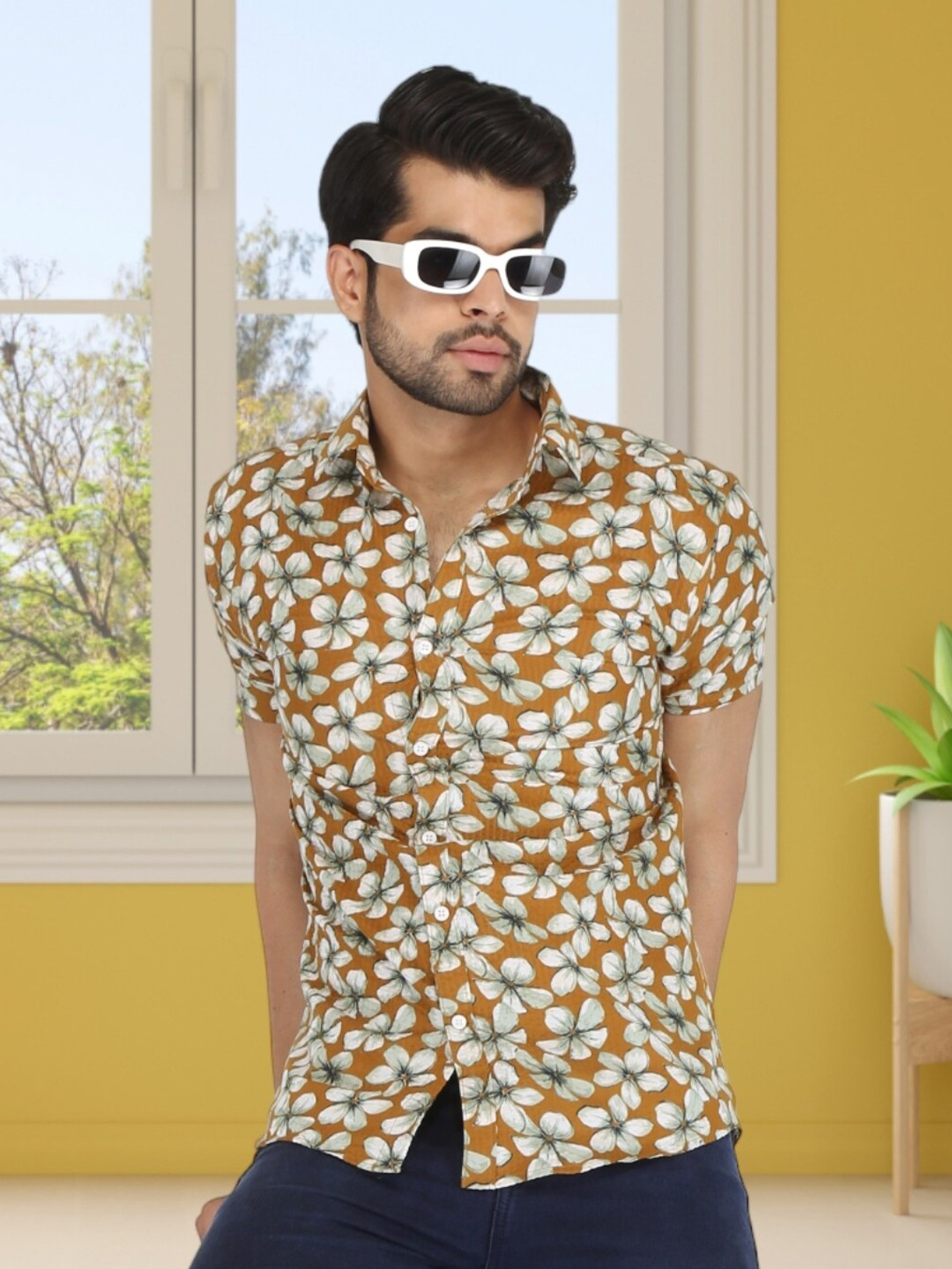 

BASE 41 Floral Printed Cotton Casual Shirt, Mustard