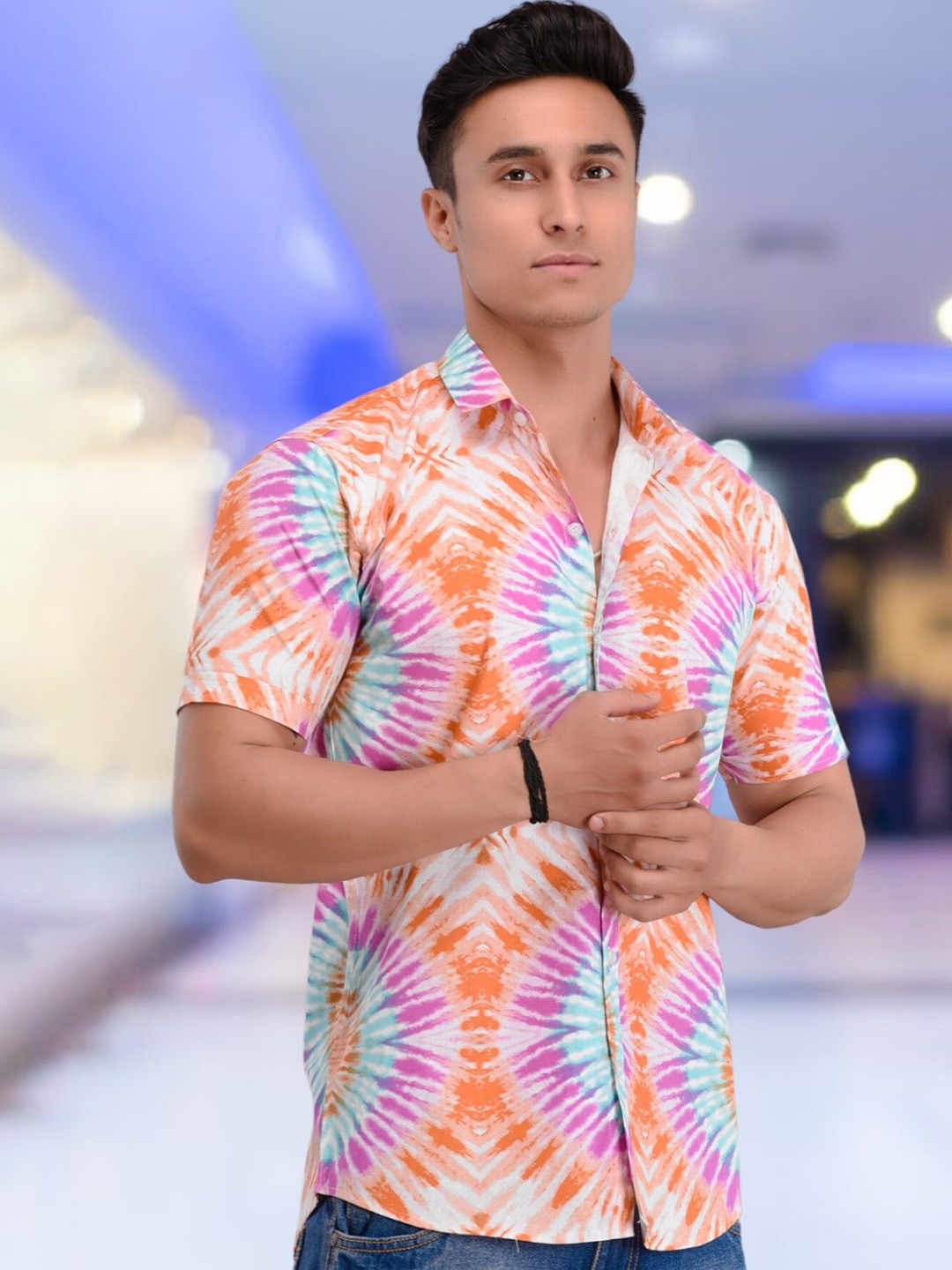 

BASE 41 Abstract Printed Slim Fit Cotton Casual Shirt, Orange