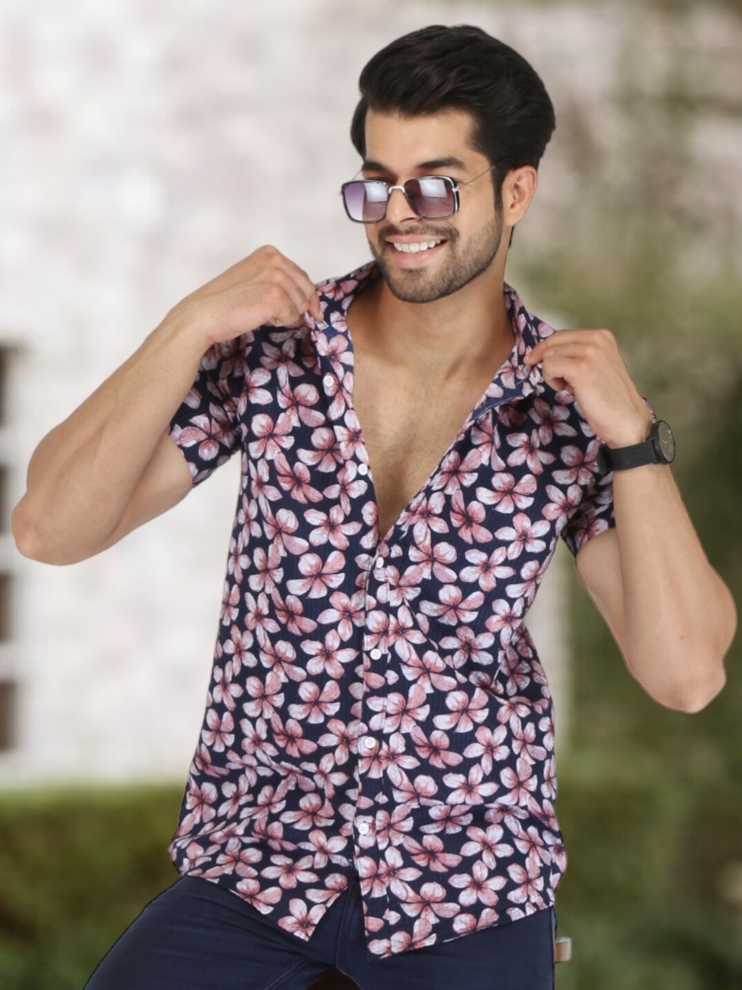

BASE 41 Slim Fit Floral Printed Cotton Casual Shirt, Navy blue