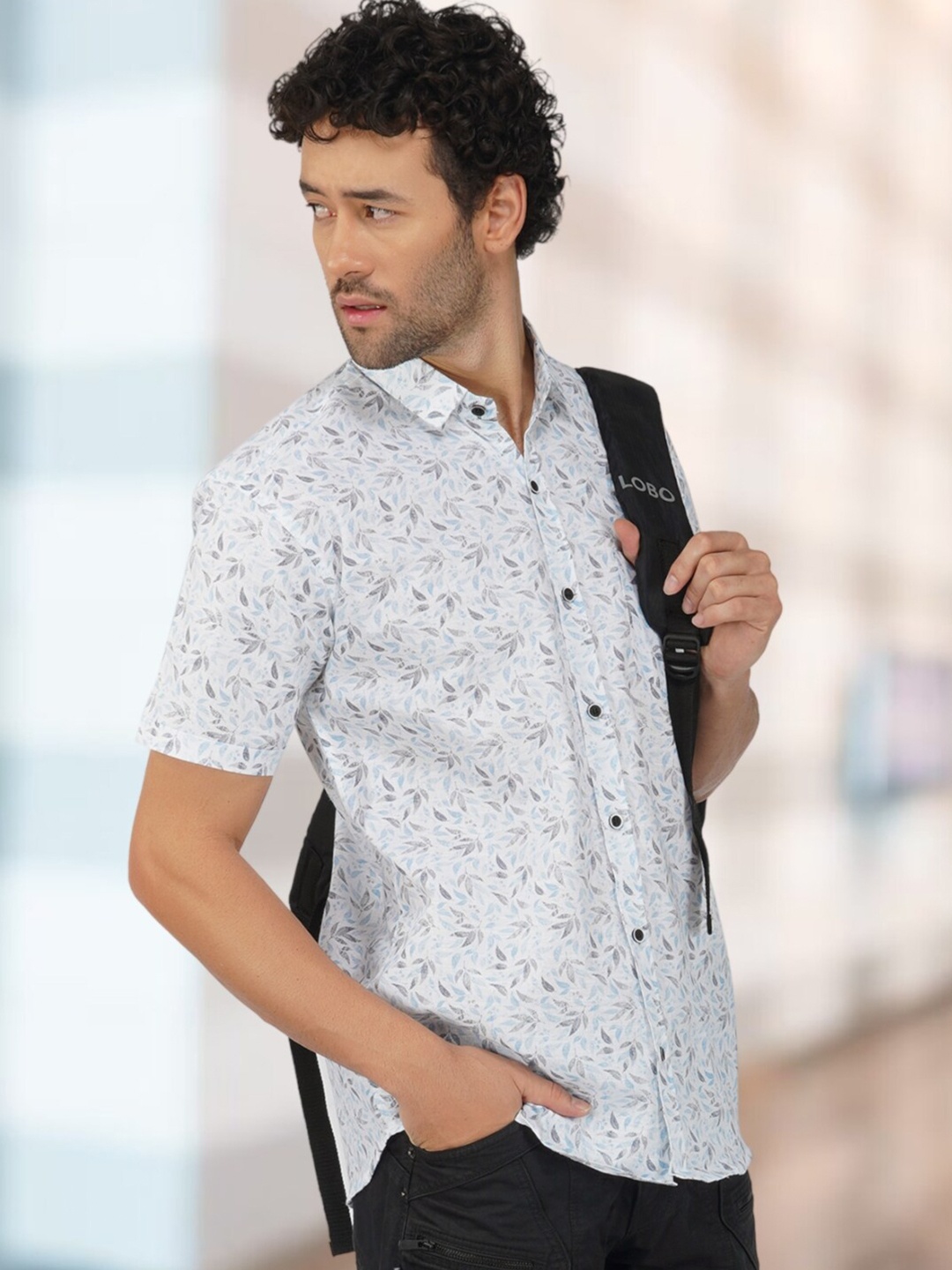

BASE 41 Slim Fit Floral Printed Spread Collar Cotton Casual Shirt, White