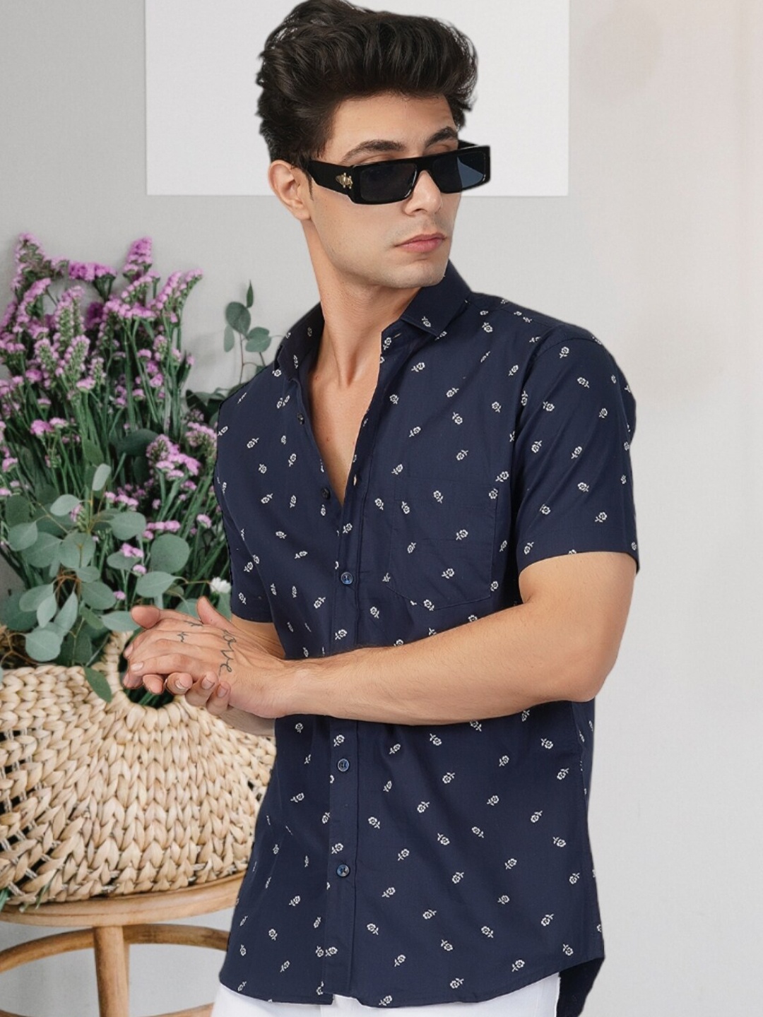 

BASE 41 Slim Fit Floral Printed Spread Collar Cotton Casual Shirt, Blue