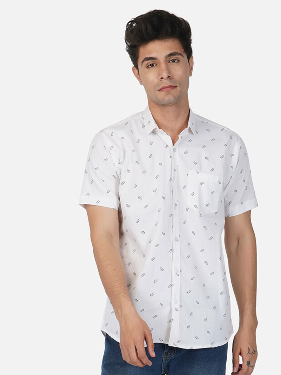 

BASE 41 Slim Fit Floral Printed Spread Collar Cotton Casual Shirt, White