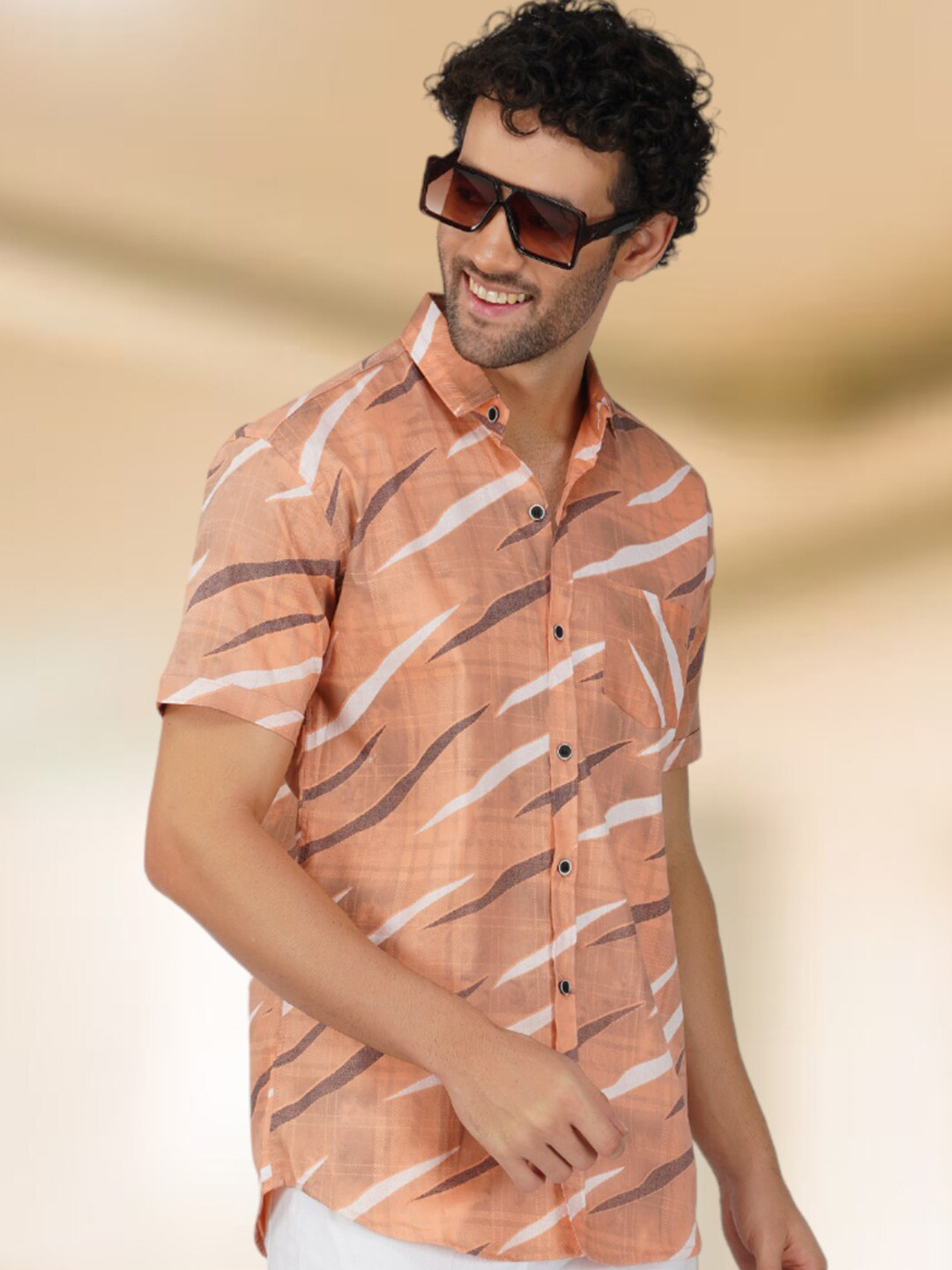 

BASE 41 Slim Fit Abstract Printed Spread Collar Cotton Casual Shirt, Peach