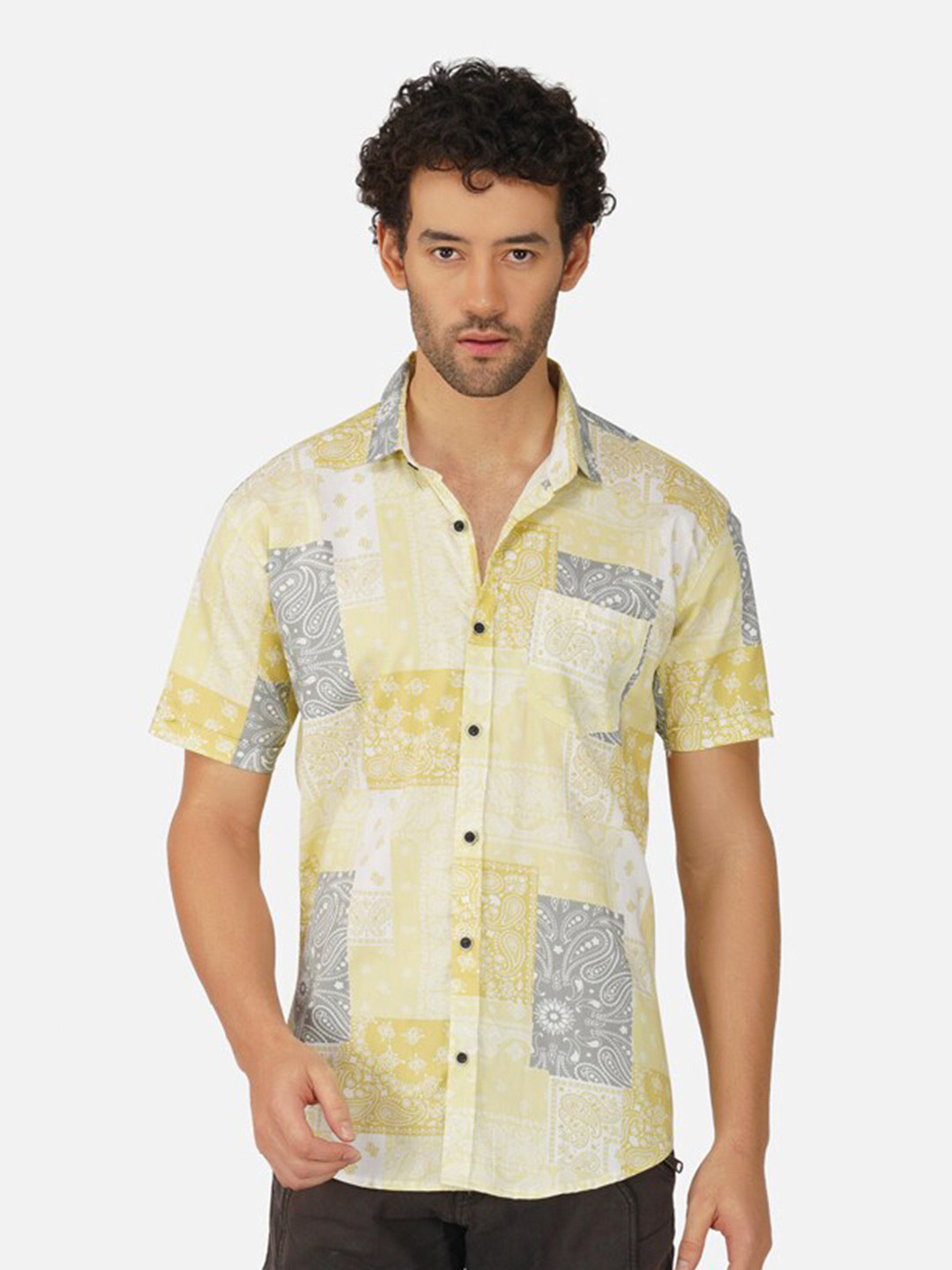 

BASE 41 Slim Fit Ethnic Motifs Printed Cotton Casual Shirt, Yellow