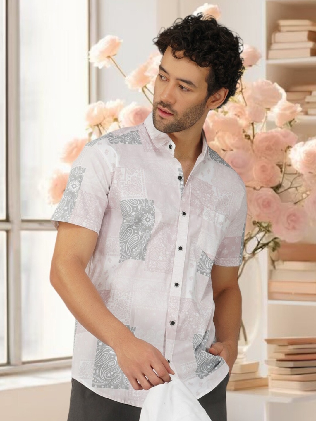 

BASE 41 Slim Fit Ethnic Motifs Printed Cotton Casual Shirt, Pink