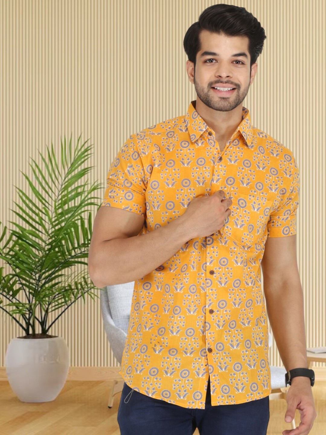 

BASE 41 Slim Fit Floral Printed Spread Collar Cotton Casual Shirt, Yellow