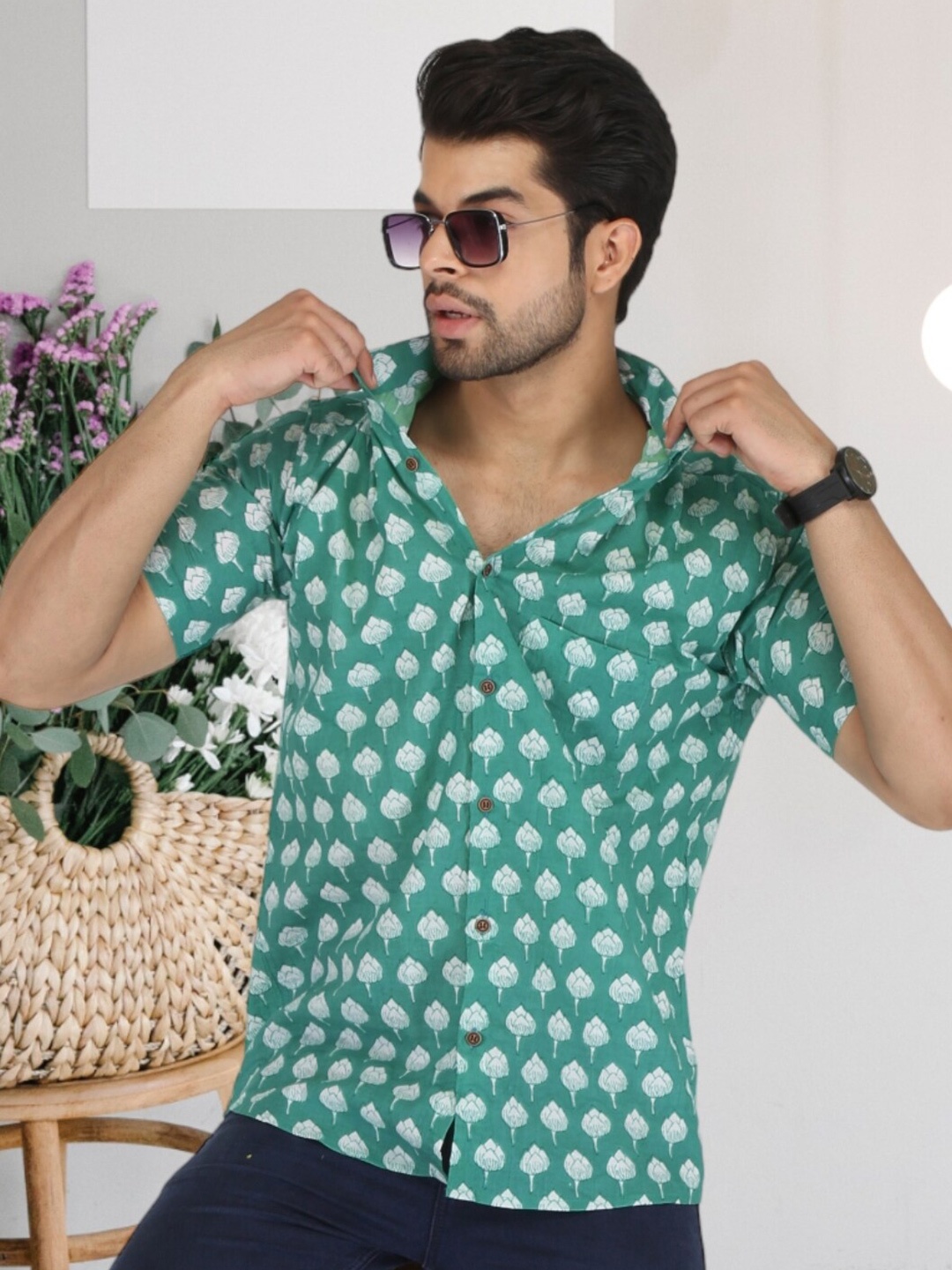 

BASE 41 Slim Fit Ethnic Motifs Printed Cotton Casual Shirt, Sea green