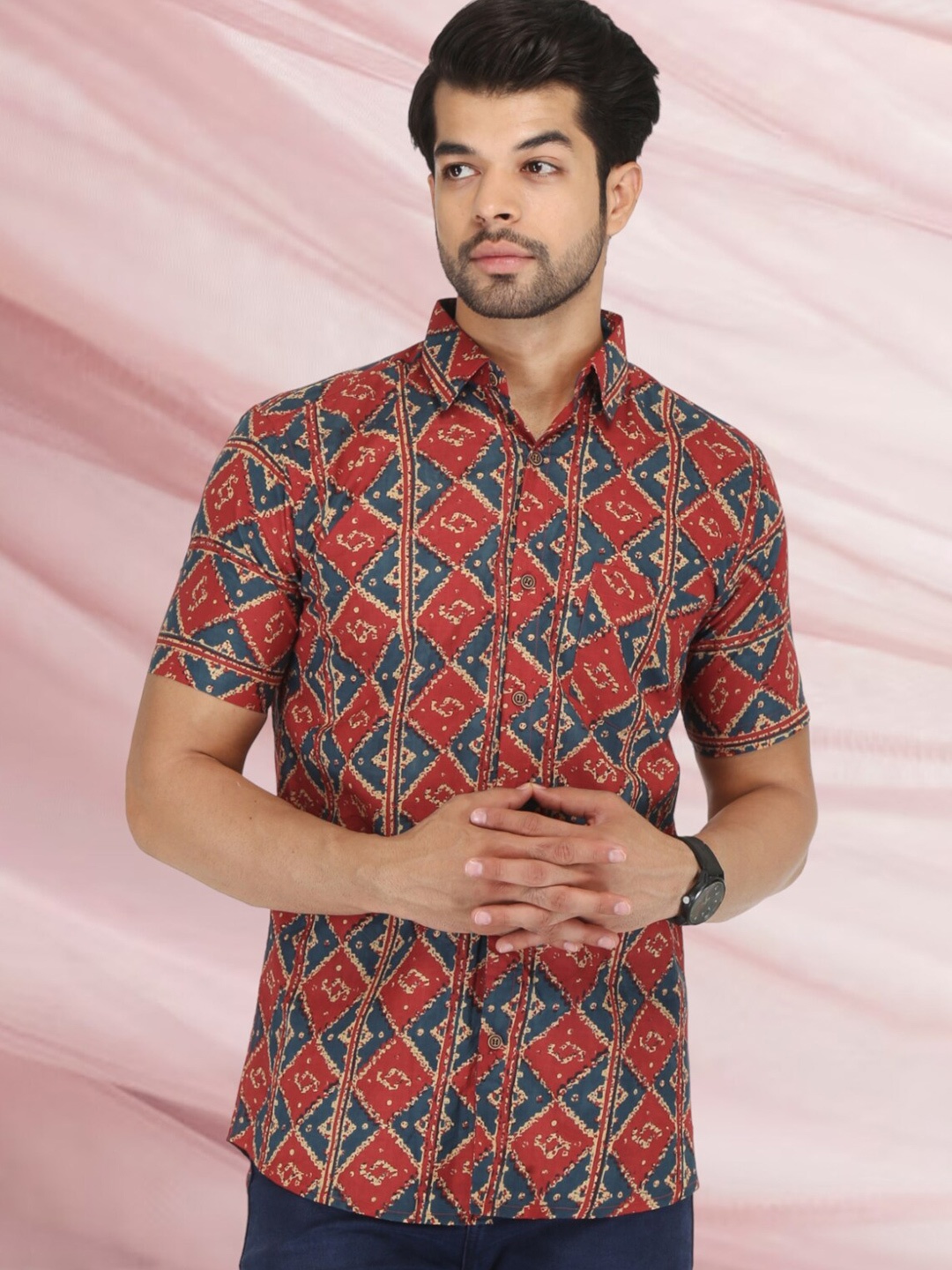 

BASE 41 Slim Fit Geometric Printed Spread Collar Cotton Casual Shirt, Red