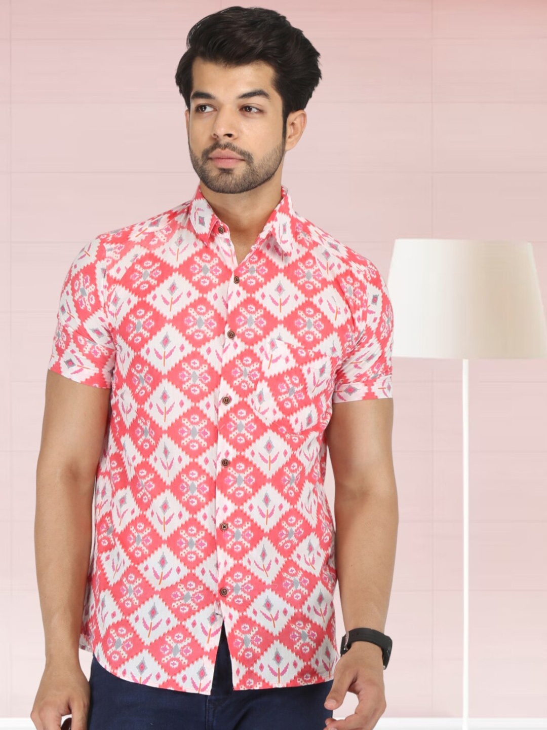 

BASE 41 Slim Fit Ethnic Motifs Printed Spread Collar Cotton Casual Shirt, Pink