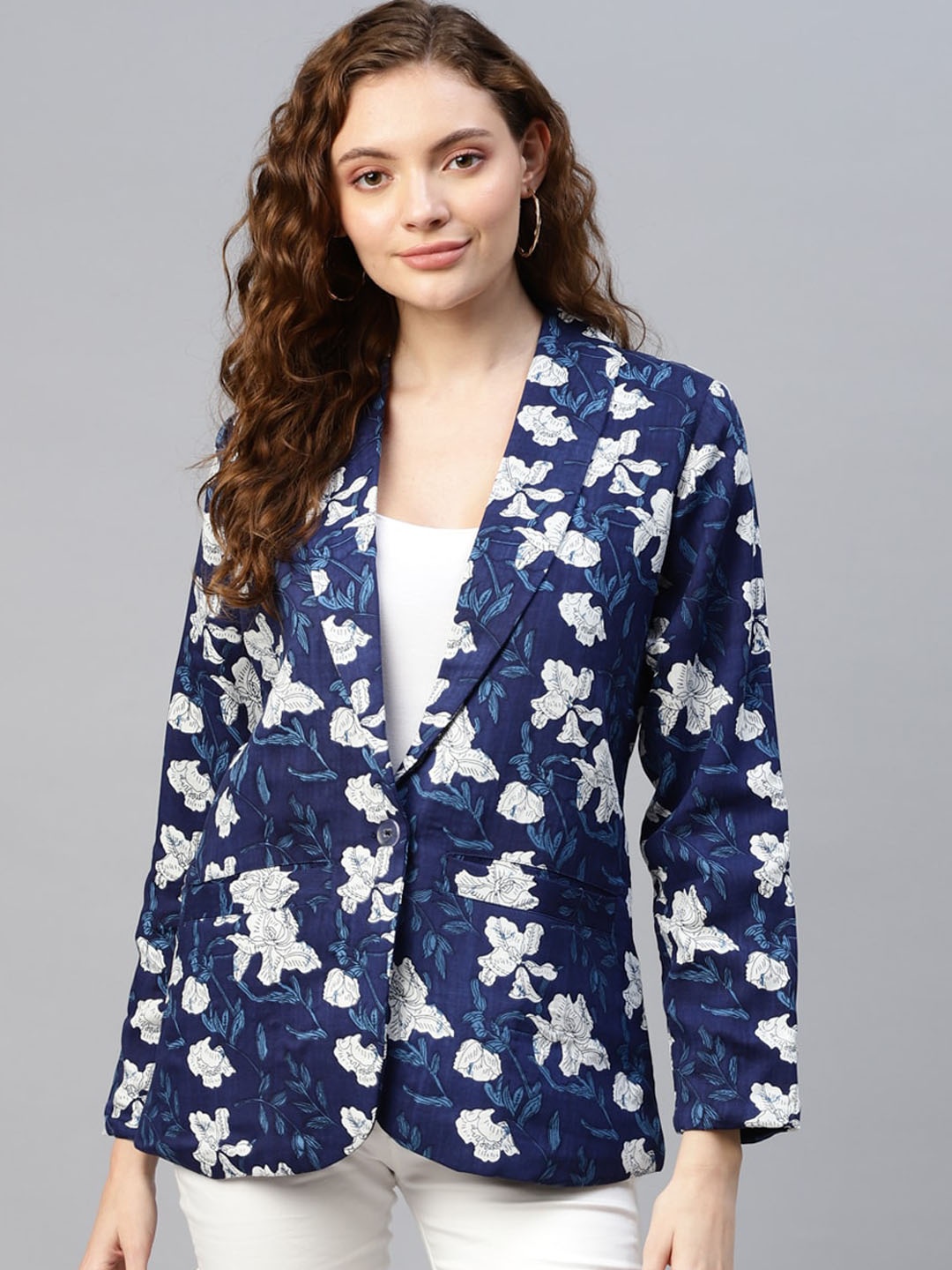 

DEEBACO Women Floral Print Shawl Collar Viscose Rayon Blazer, Blue