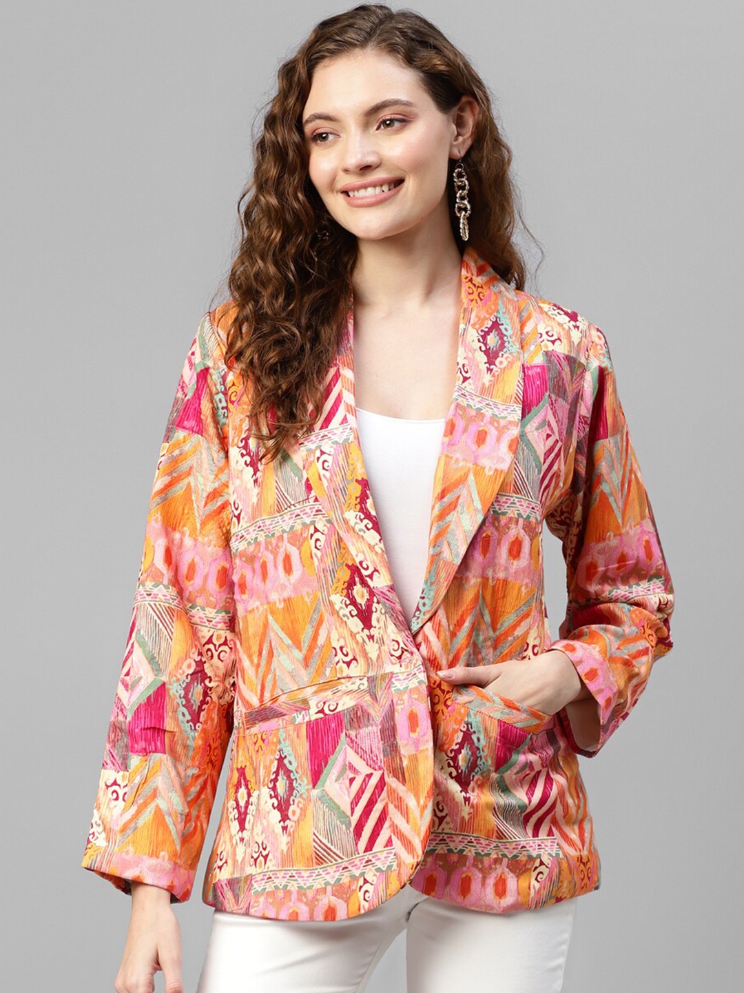 

DEEBACO Abstract Print Rayon Shawl Collar Blazer, Orange