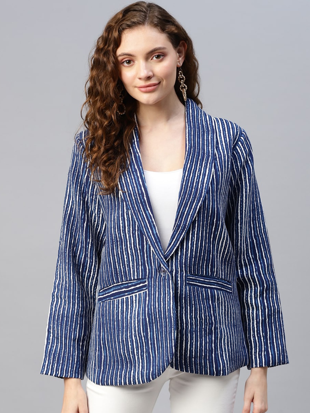 

DEEBACO Women Striped Shawl Collar Viscose Rayon Blazer, Blue