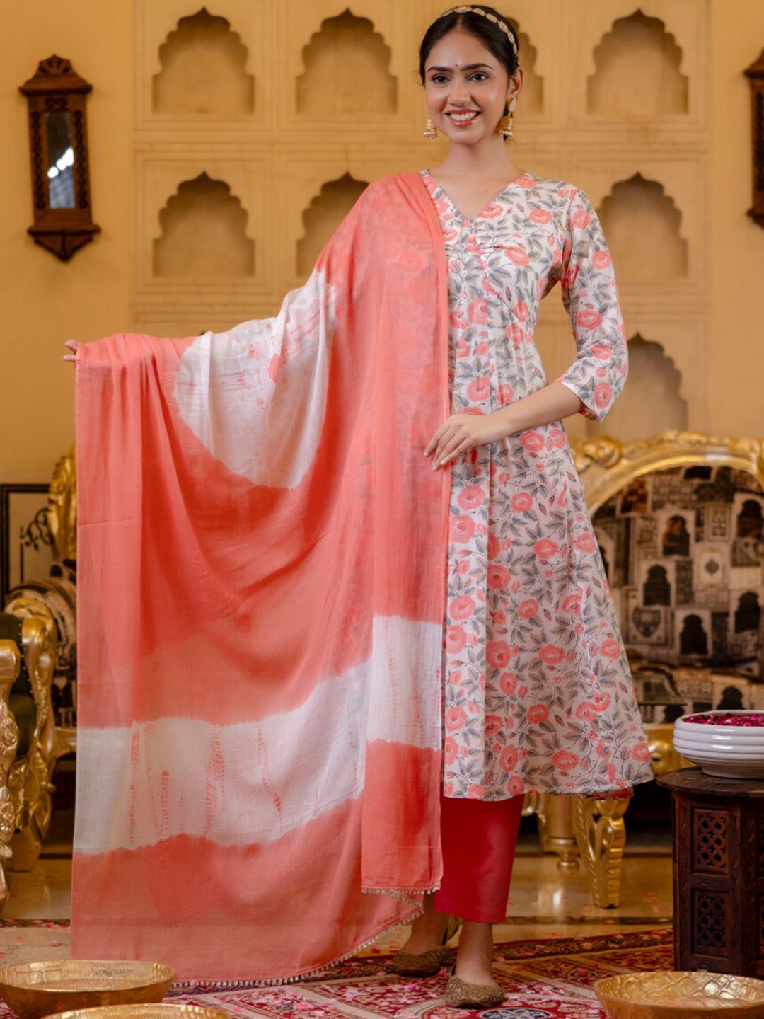 

KALINI Floral Printed Sequinned Pure Cotton Anarkali Kurta & Trousers With Dupatta, Pink