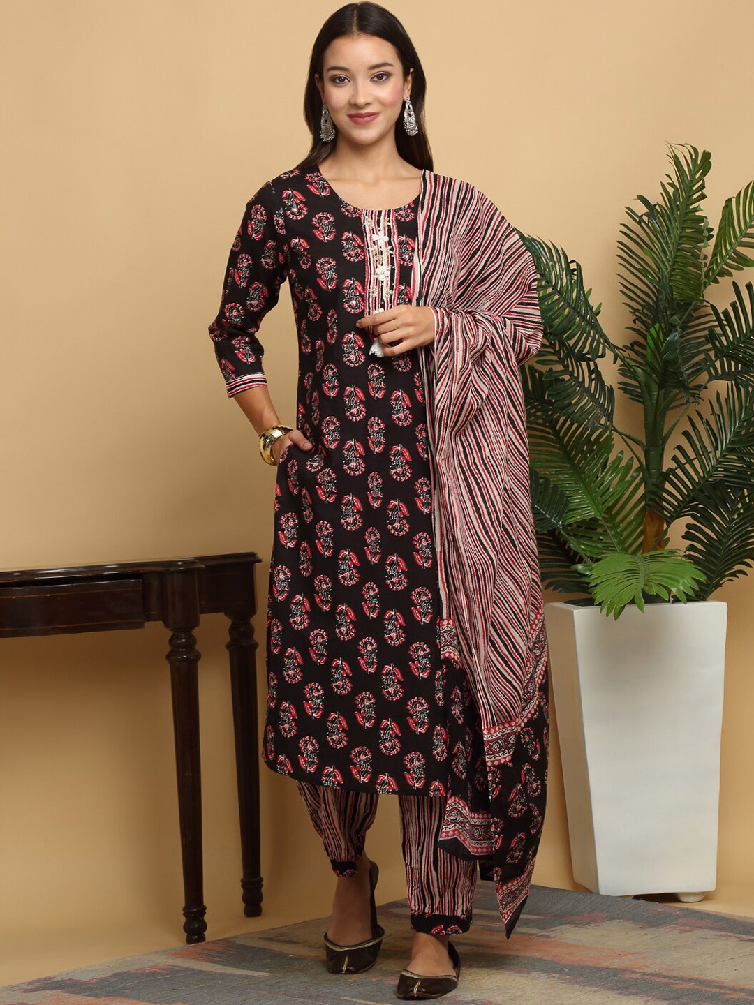 

KALINI Floral Printed Thread Work Pure Cotton Straight Kurta With Trousers & Dupatta, Black