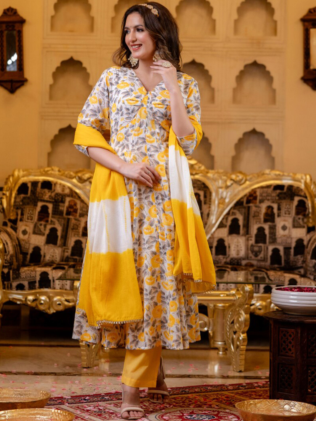 

KALINI Floral Printed Pure Cotton Anarkali Kurta With Trousers & Dupatta, Yellow