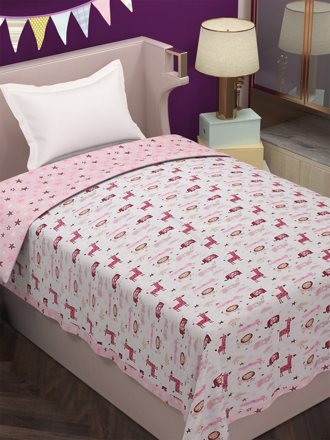 

Florida White & Pink Cartoons Printed Cotton 210 GSM Reversible Single Bed Comforter
