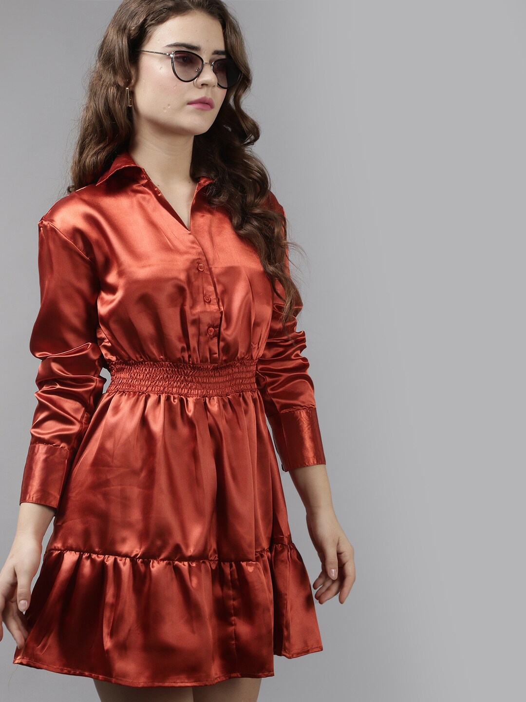 

The Roadster Lifestyle Co. Red Cuffed Sleeves Smocked Shirt Style Dress