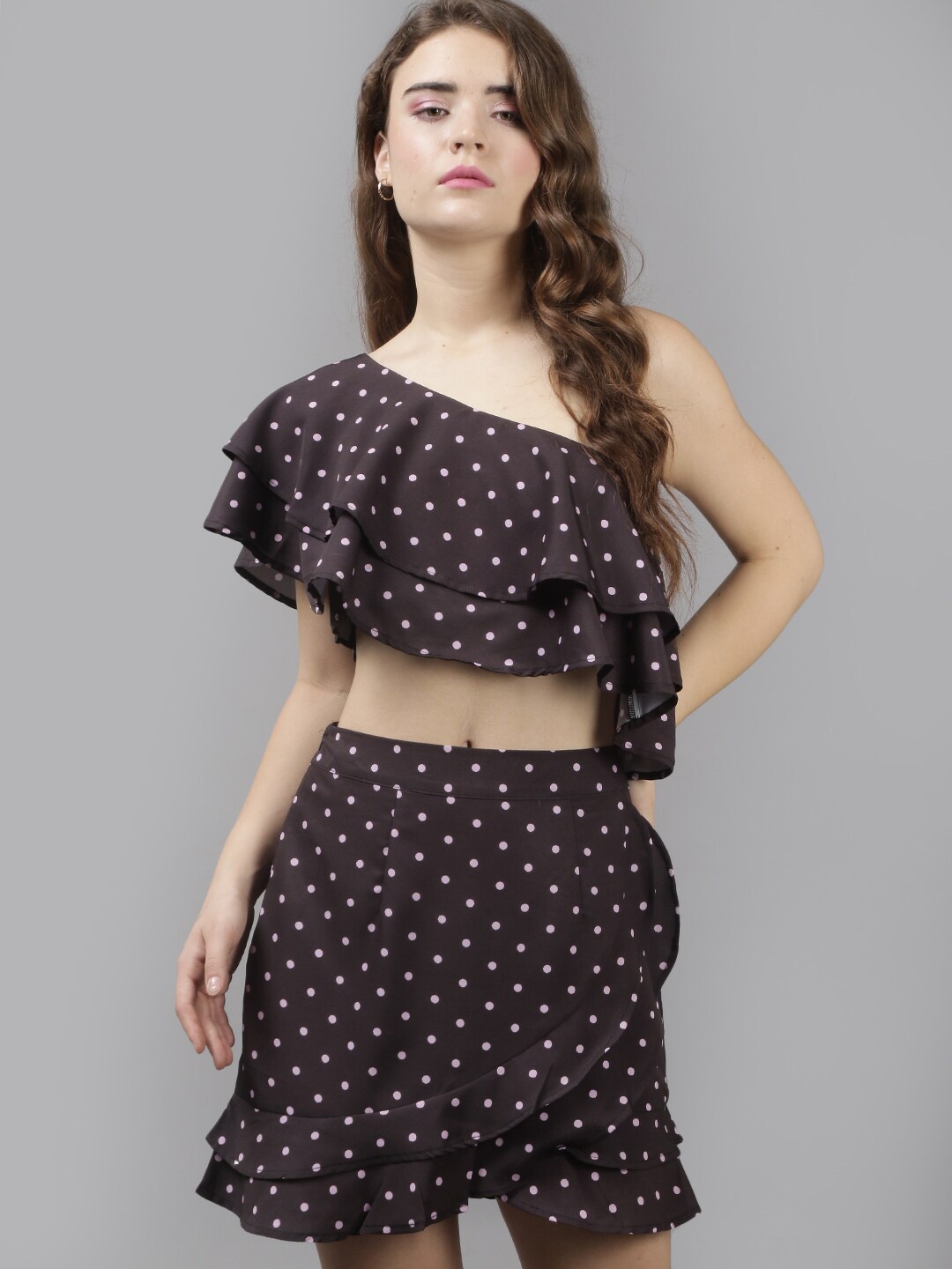 

The Roadster Lifestyle Co. Polka Dots Printed Ruffles & Flounces Crop Top With Skirt, Black