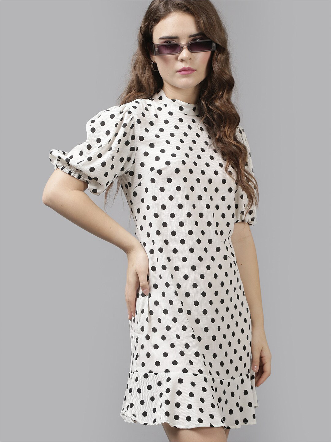 

The Roadster Lifestyle Co. White Polka Dots Printed High Neck Ruffles A Line Dress