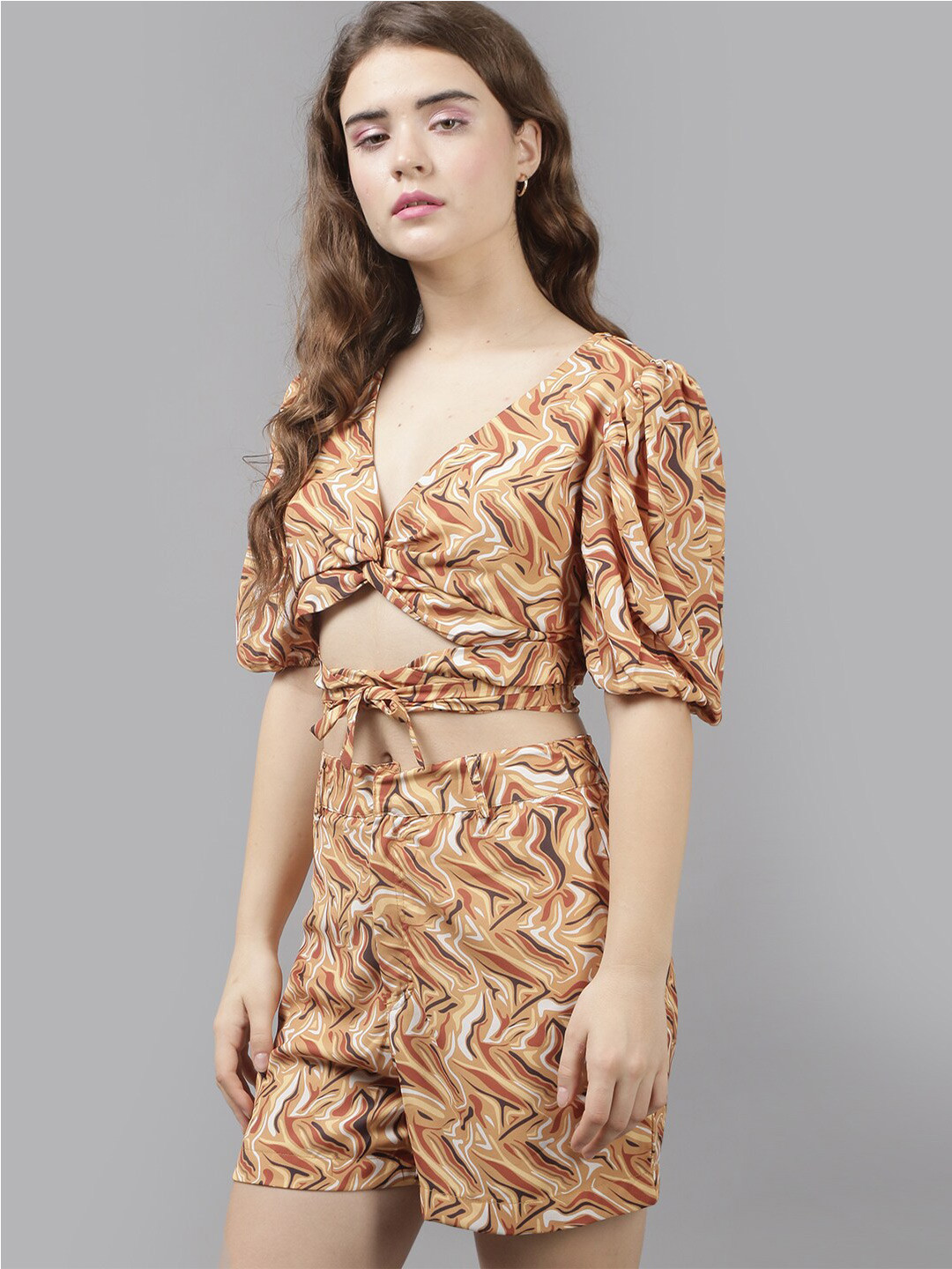 

The Roadster Lifestyle Co. Abstract Printed Puff Sleeves Crop Top With Shorts, Brown