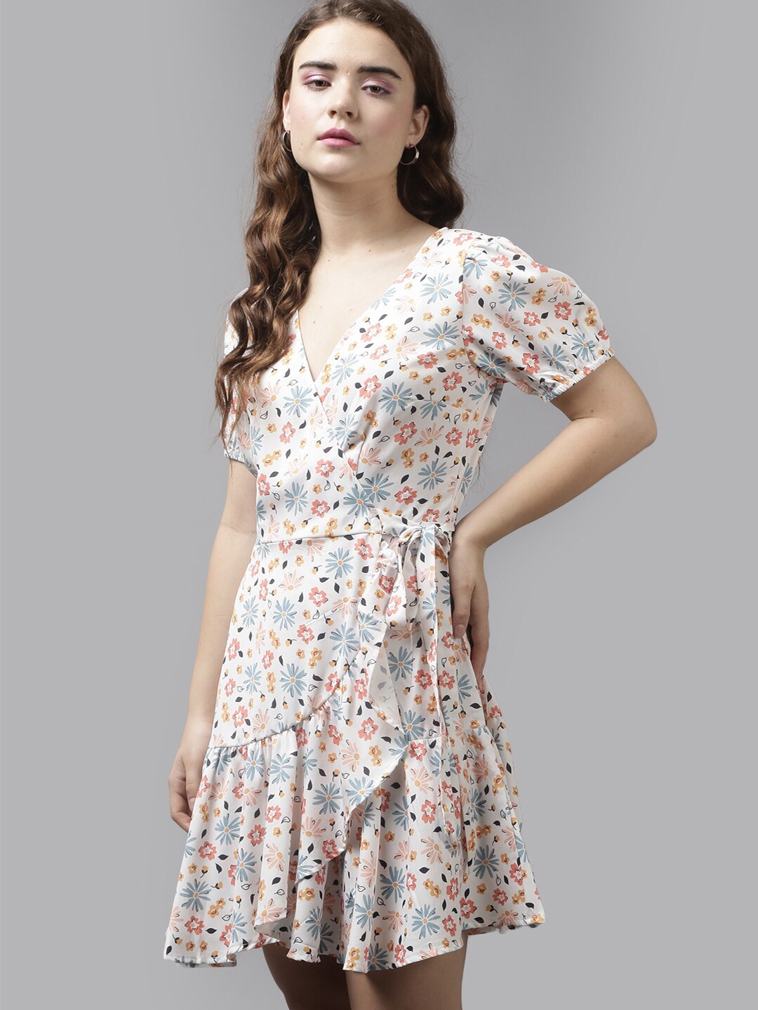 

The Roadster Lifestyle Co. White Floral Printed Puffed Sleeves Ruffles Wrap Dress