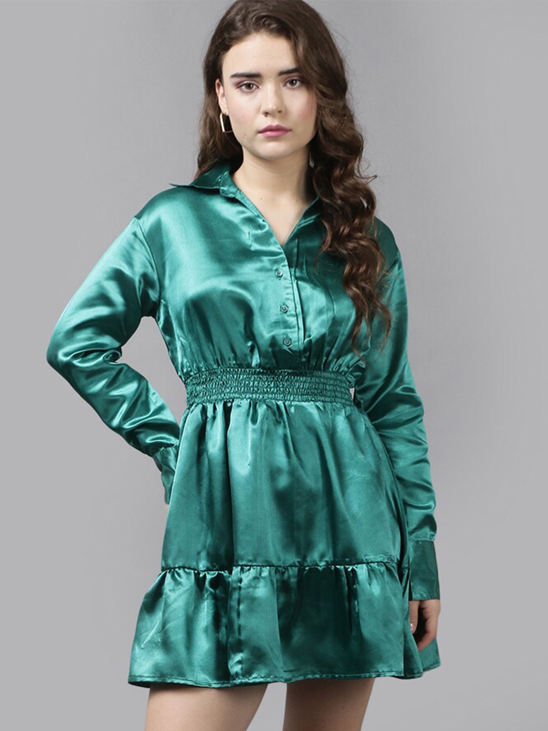 

The Roadster Lifestyle Co. Green Cuffed Sleeves Smocked Satin Shirt Style Dress