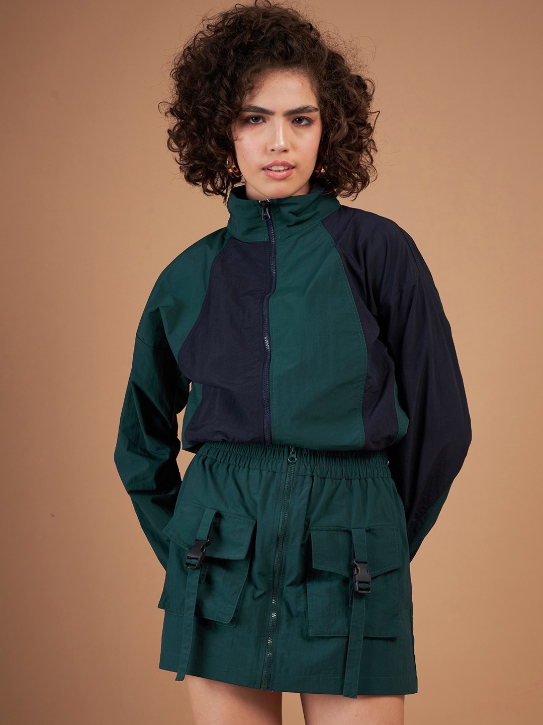 

SASSAFRAS Green Colourblocked Mock Collar Bomber Jacket