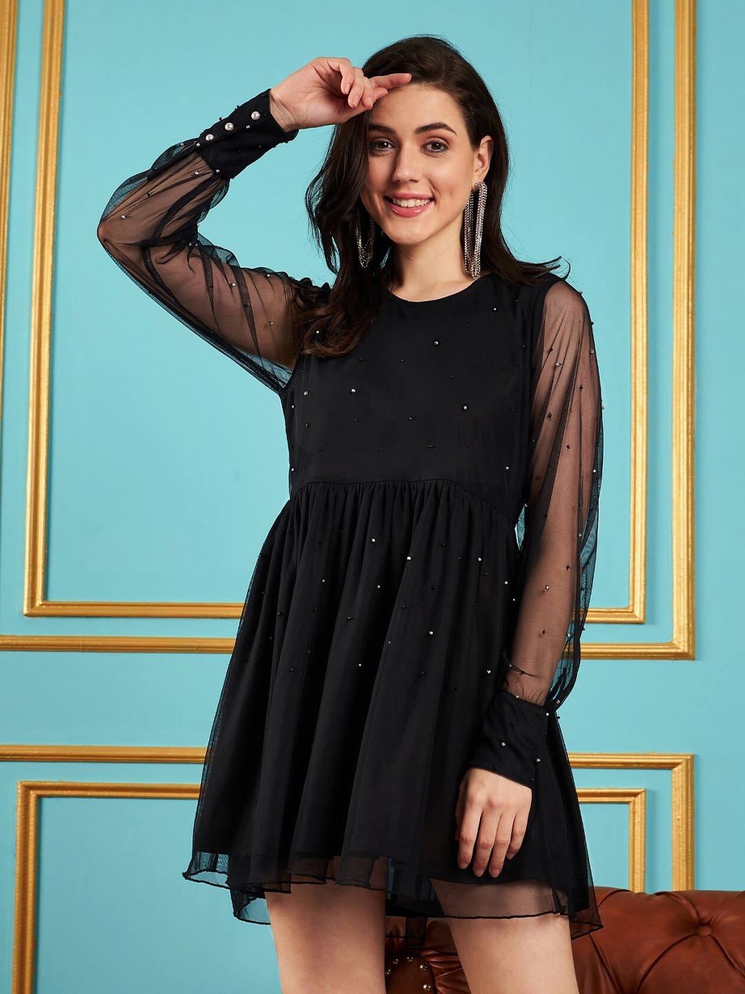 

SASSAFRAS Black Embellished Detailed Gathered Detailed Fit & Flare Mini Dress