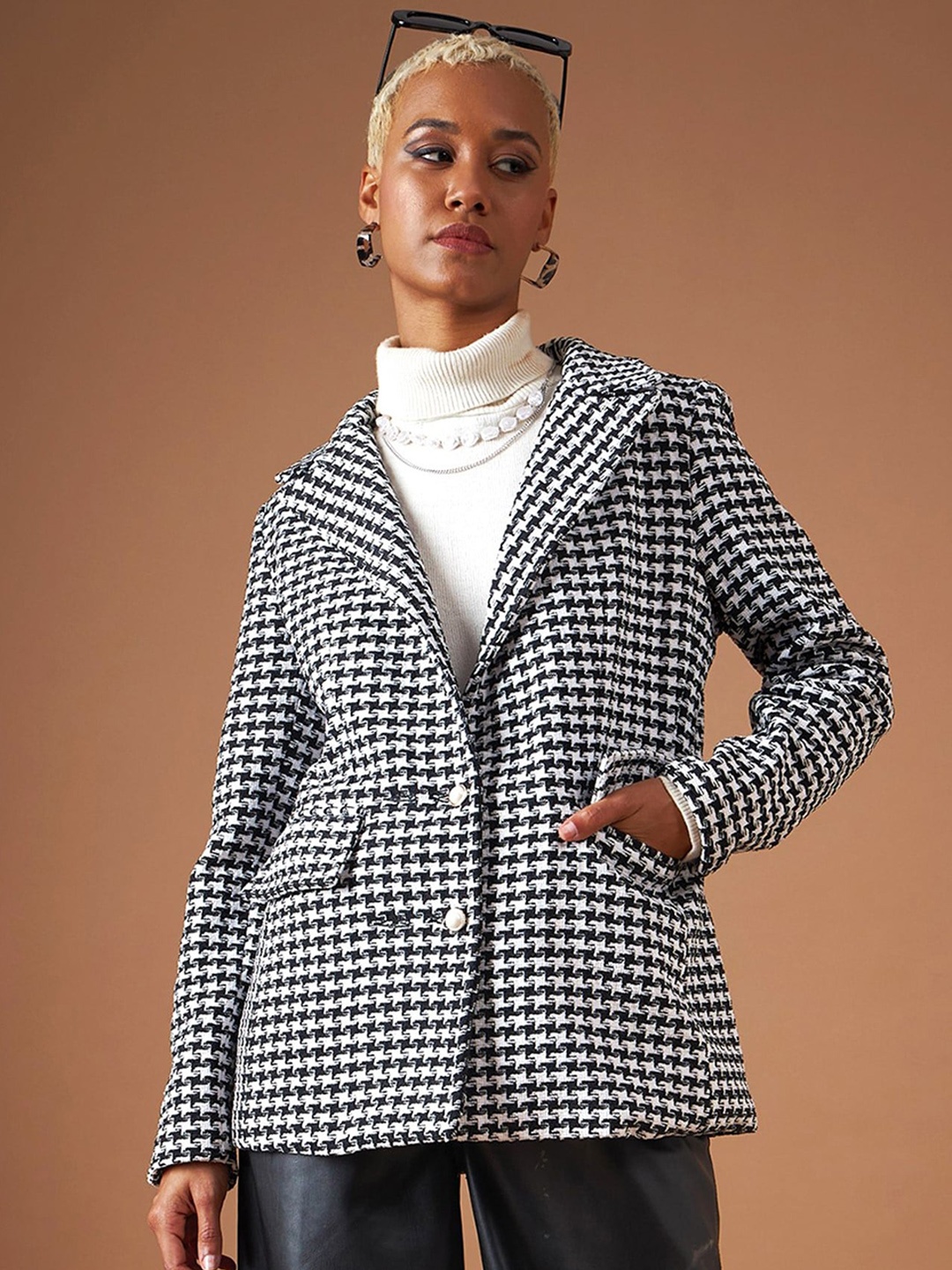 

SASSAFRAS Black Jacquard Tweed Notched Lapel Long Sleeves Double-Breasted Casual Blazer