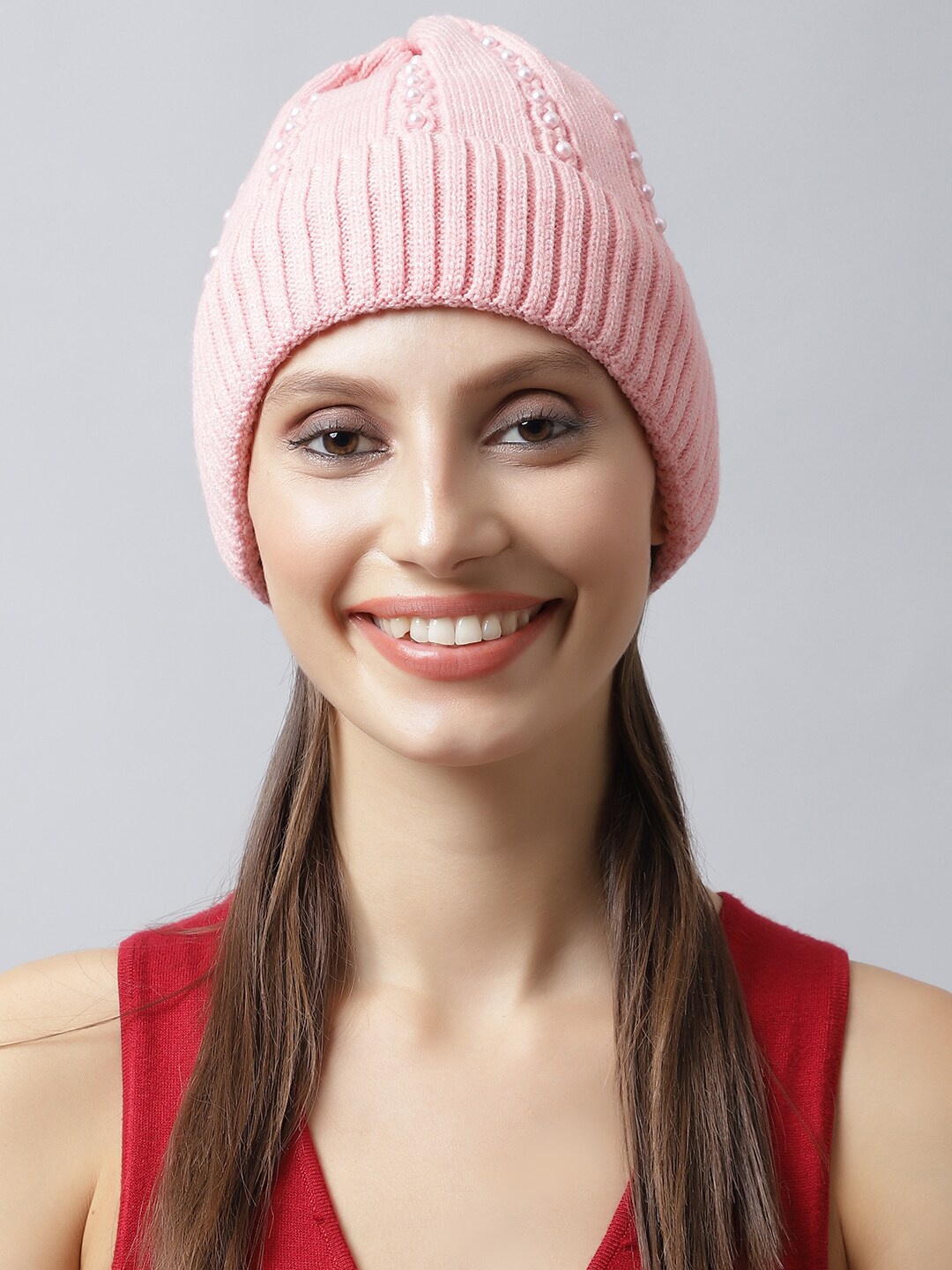 

LOOM LEGACY Women Embroidered Acrylic Beanie, Pink