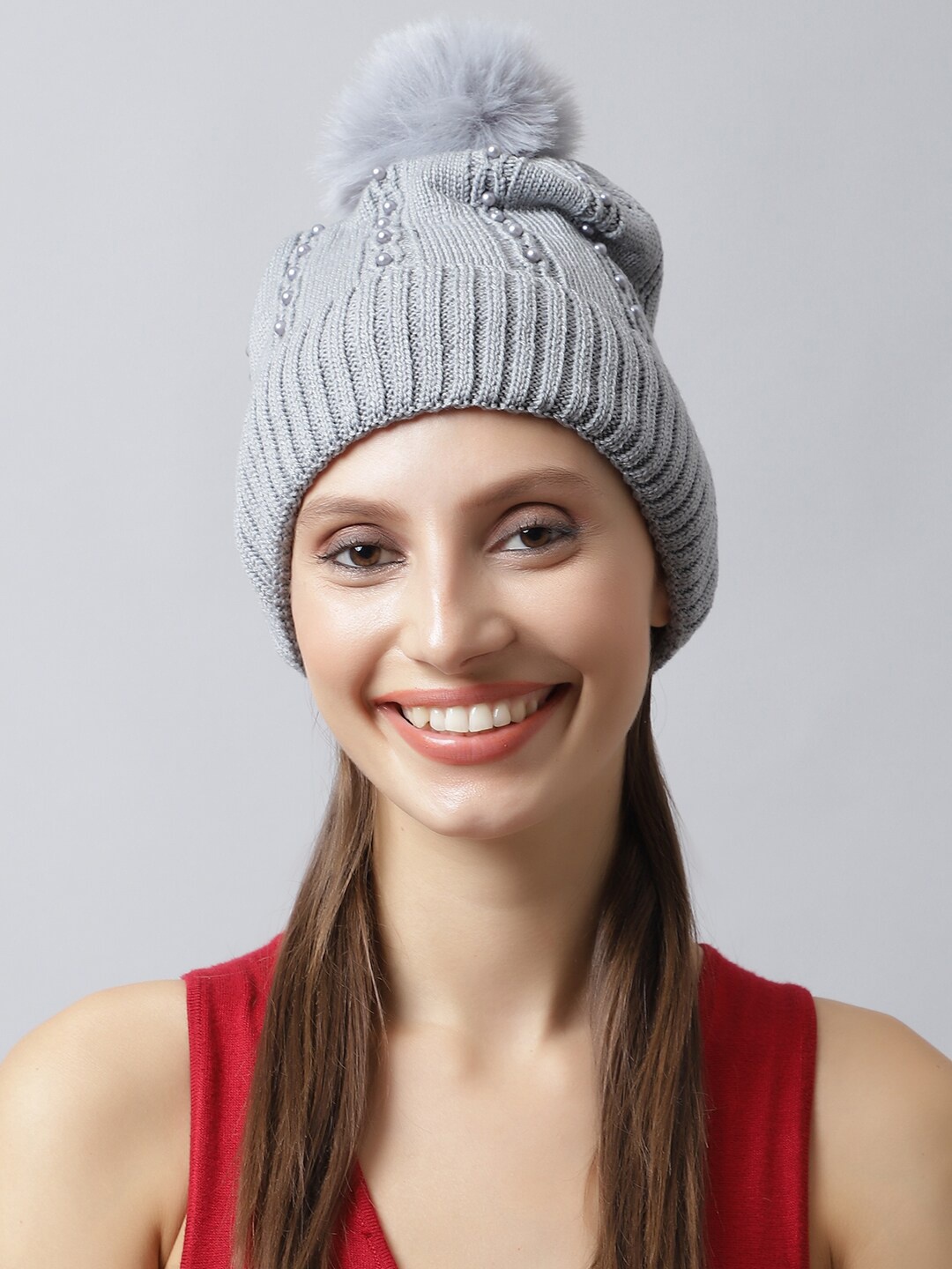 

LOOM LEGACY Women Embroidered Acrylic Beanie, Grey