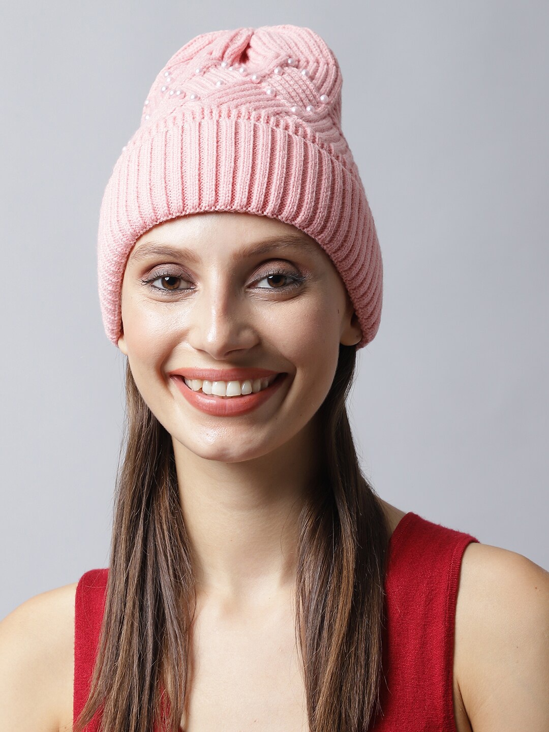 

LOOM LEGACY Self Design Acrylic Wool Beanie, Pink