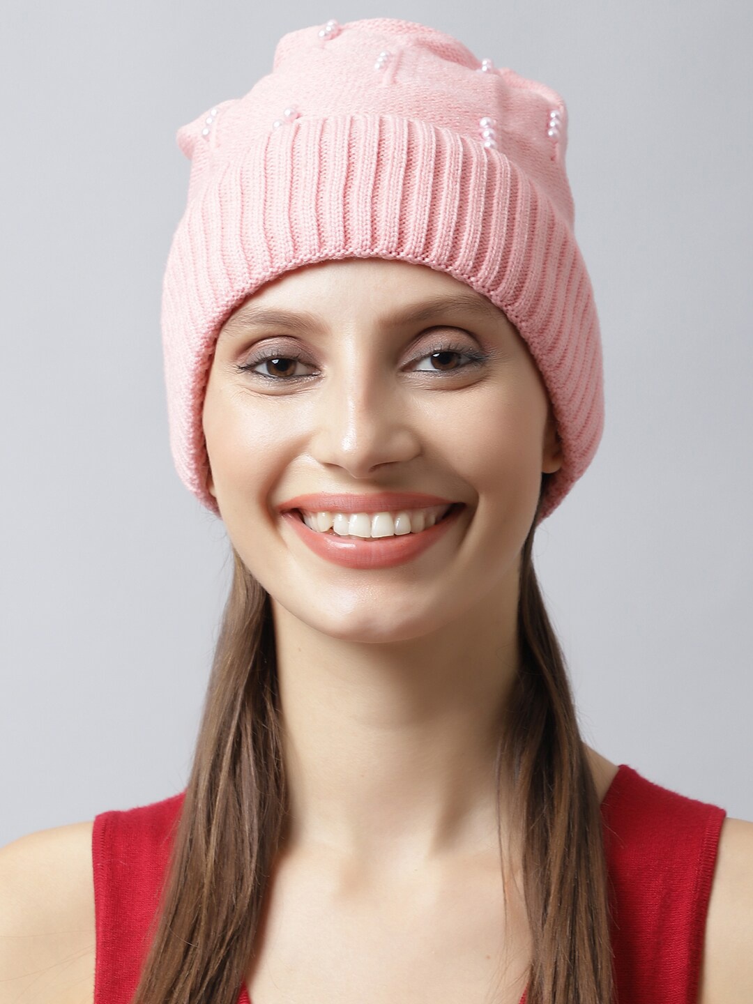 

LOOM LEGACY Self Design Acrylic Wool Beanie, Pink