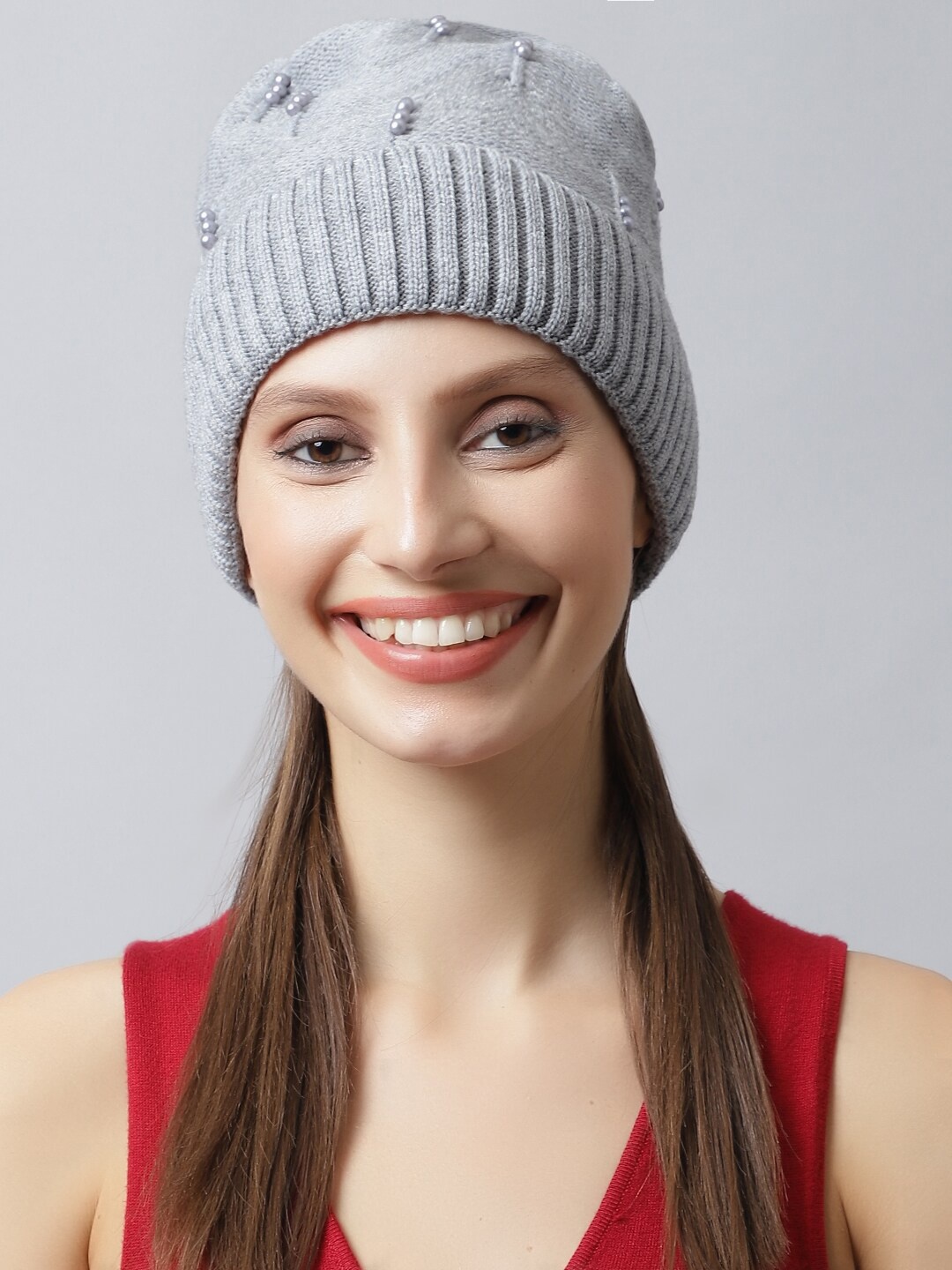 

LOOM LEGACY Women Embroidered Acrylic Beanie, Grey
