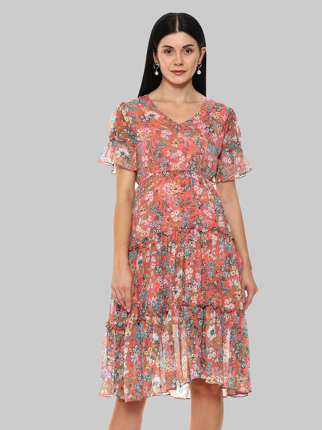 

Tulip Eden Floral Printed Flared Sleeve Fit & Flare Dress, Pink