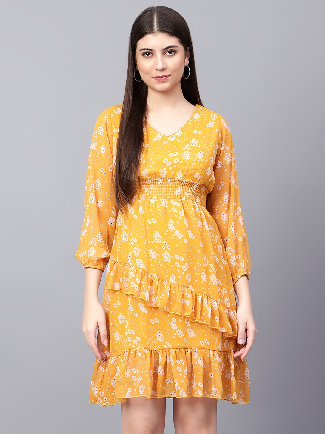 

Tulip Eden Floral Printed Ruffles Chiffon Empire Dress, Yellow